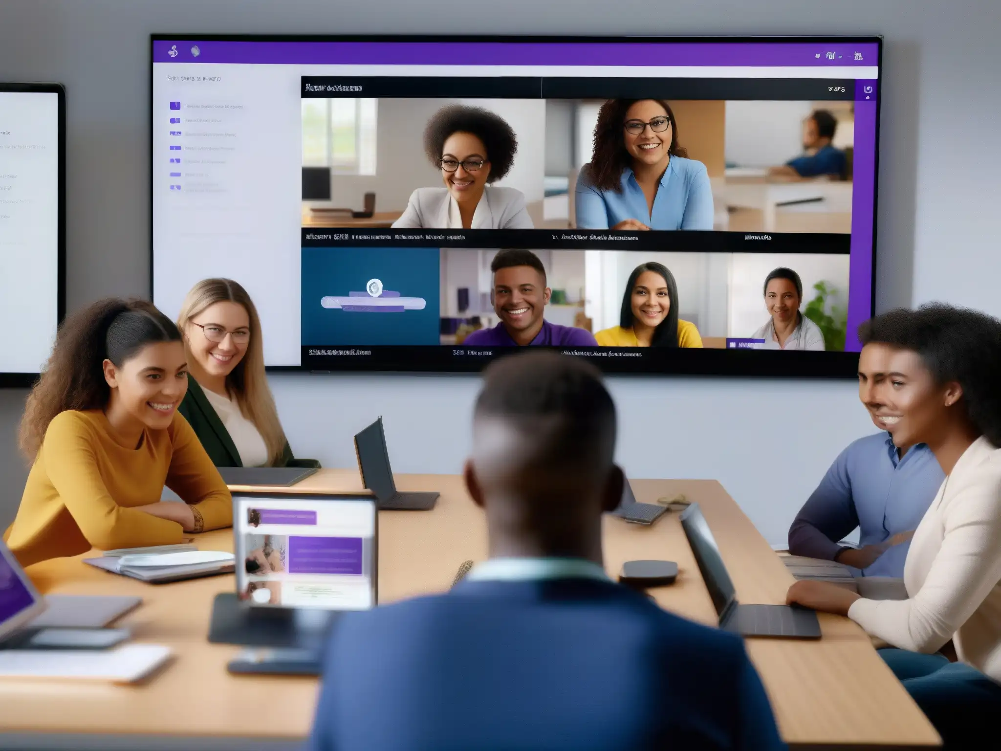 Clase virtual en Microsoft Teams: Profesor y alumnos interactúan Maestra y estudiantes usan funciones esenciales Microsoft Teams en aula virtual, fomentando colaboración y aprendizaje