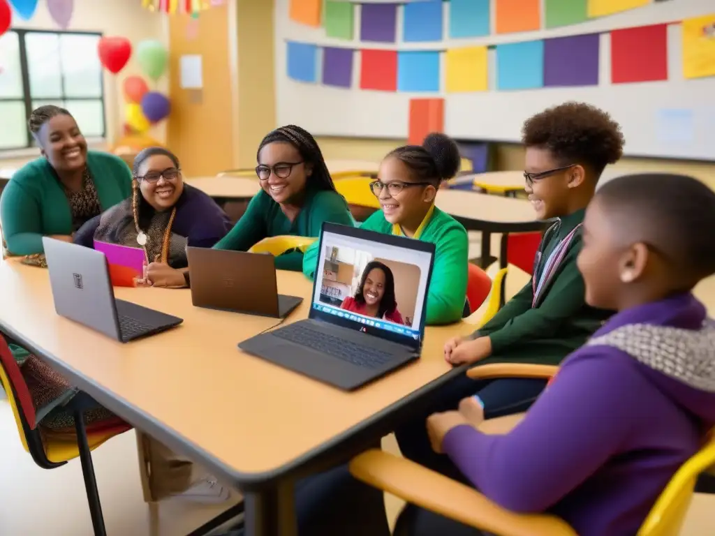Clase virtual inclusiva con tecnología adaptada Maestra y estudiantes con necesidades especiales usan herramientas de videoconferencia en un aula inclusiva y acogedora