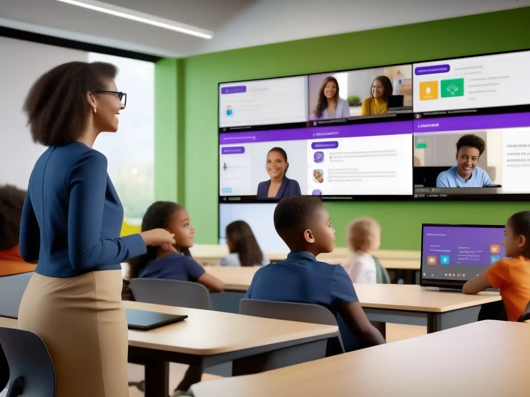 Clase dinámica con Microsoft Teams Maestra usa funciones esenciales Microsoft Teams para enseñanza en aula moderna