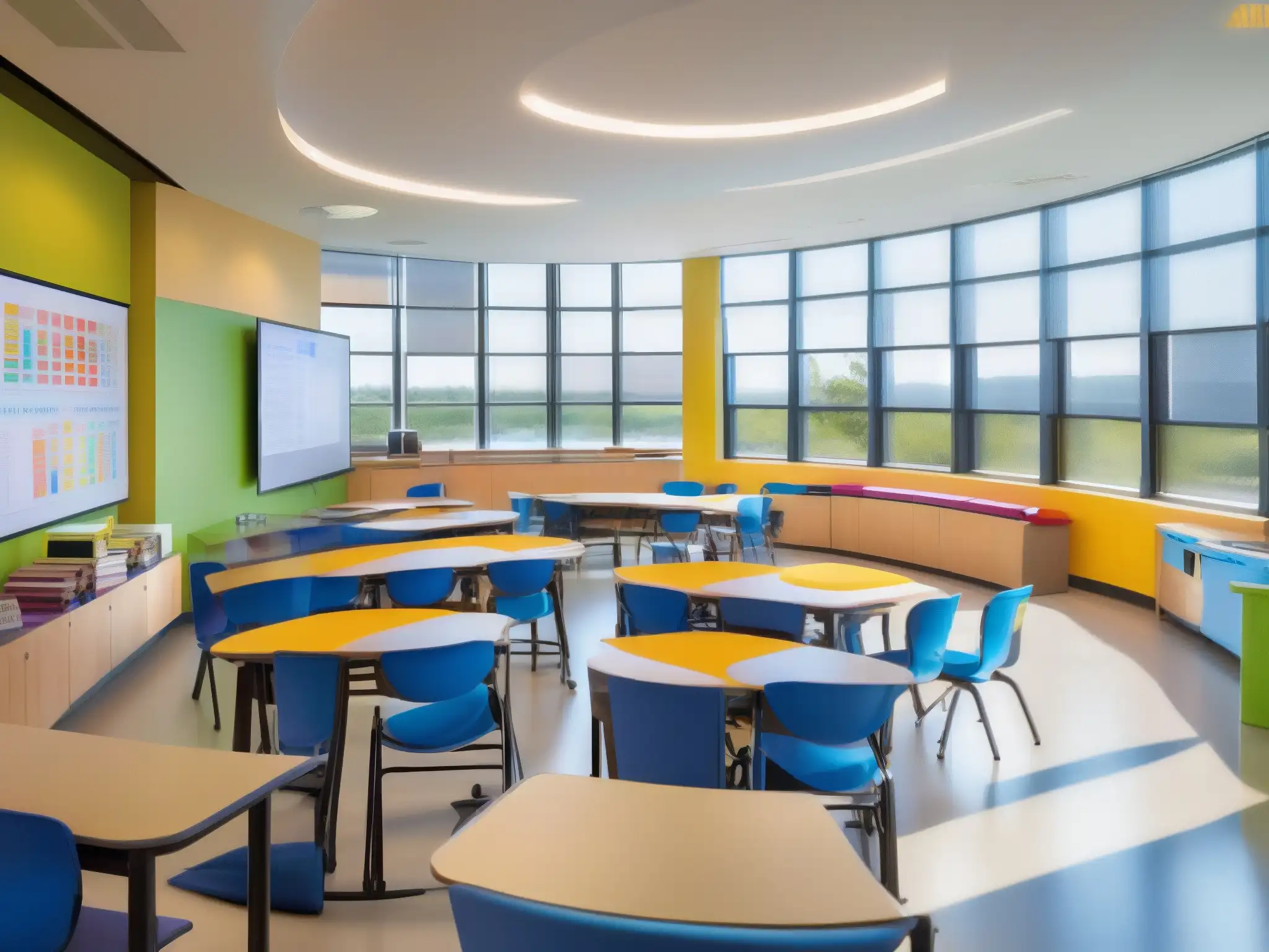 Aula moderna y dinámica: enseñanza interactiva y emocionante Maestro da consejos creación contenido educativo atractivo a estudiantes atentos en aula moderna luminosa
