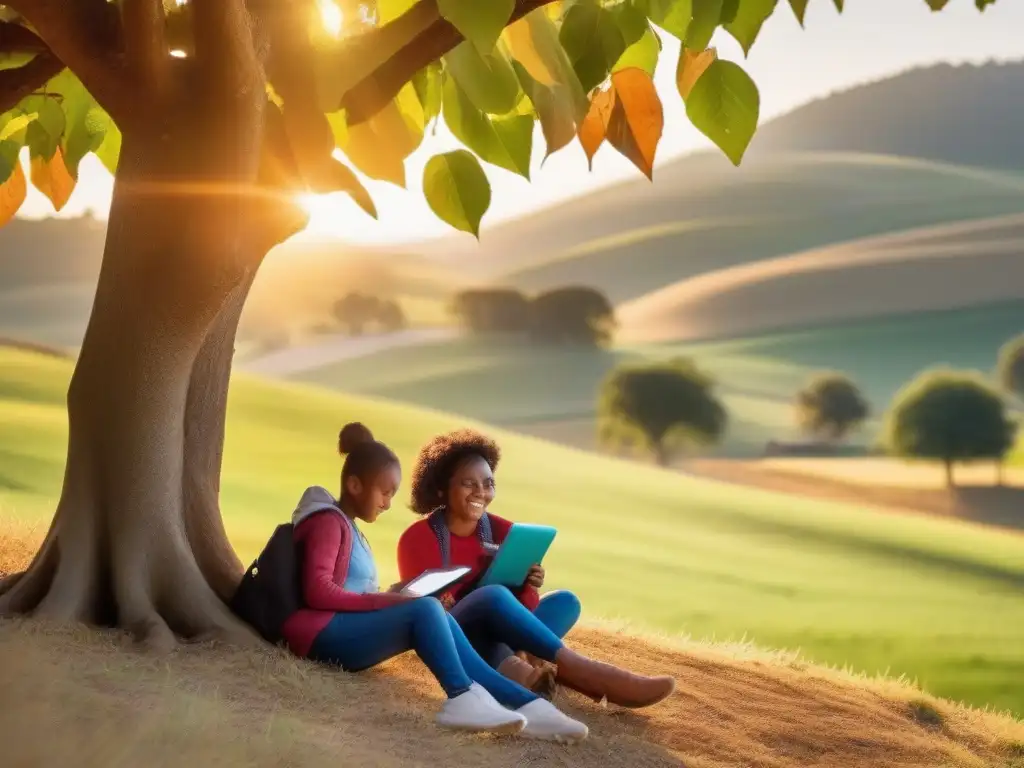 Clase rural con tecnología: aprendizaje interactivo bajo un árbol Maestro imparte enseñanza online para poblaciones rurales bajo un árbol con estudiantes atentos