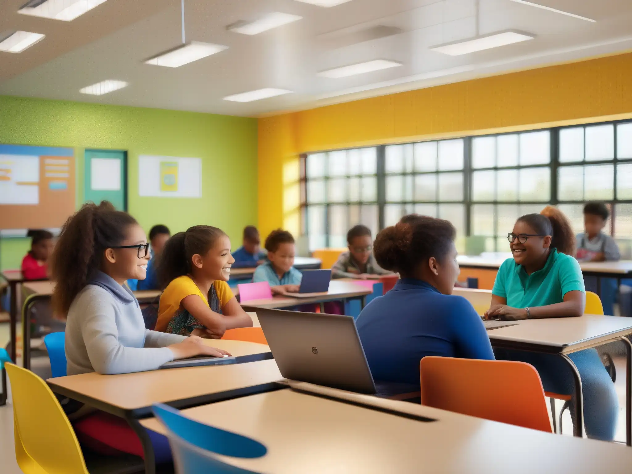 Aula inclusiva: estudiantes diversos aprendiendo con tecnología accesible Maestro y estudiantes colaboran con Microsoft Teams en aula inclusiva y moderna