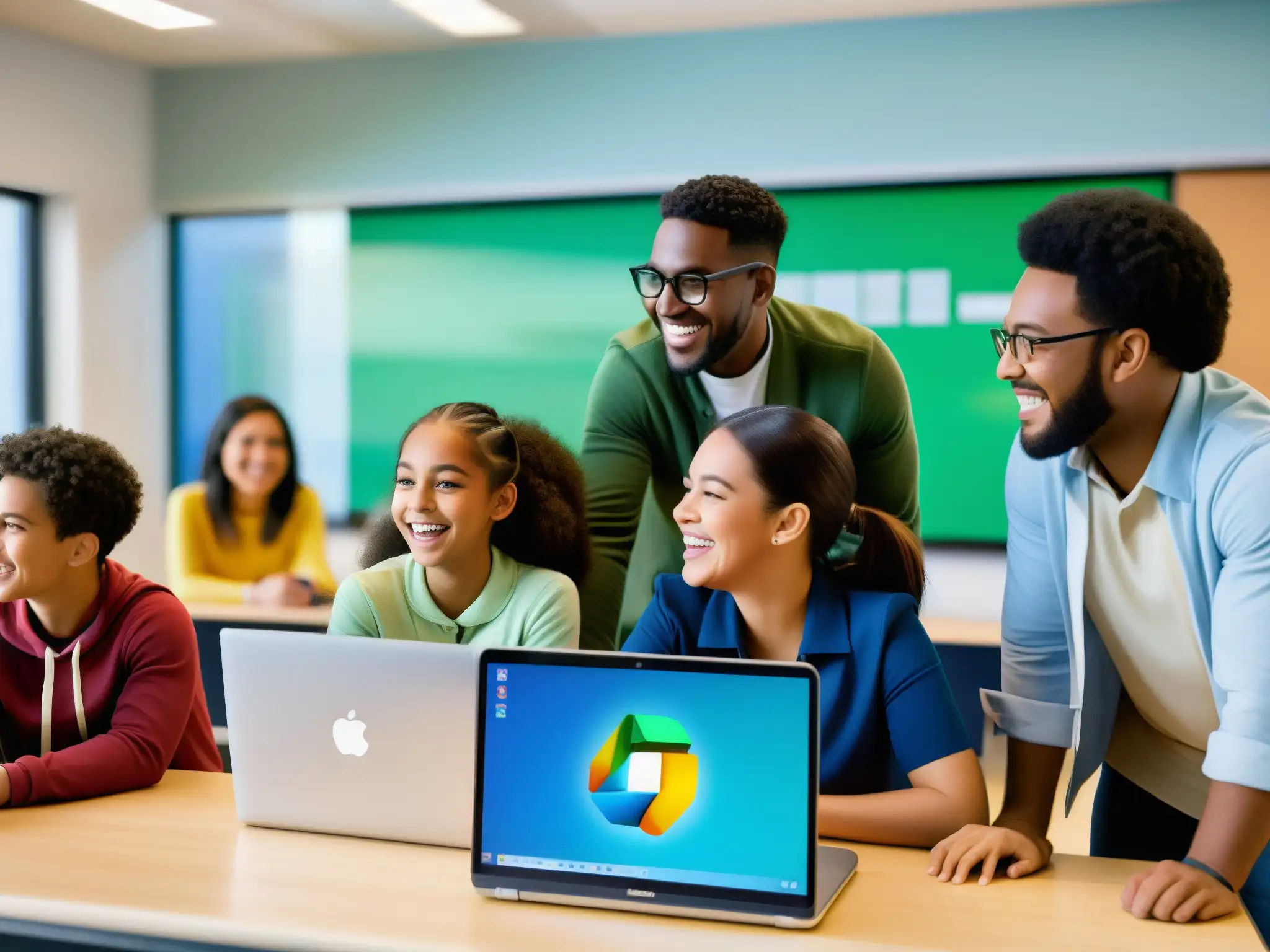 Intensa colaboración en aula moderna Maestro y estudiantes colaborando en aula moderna con funciones esenciales Microsoft Teams
