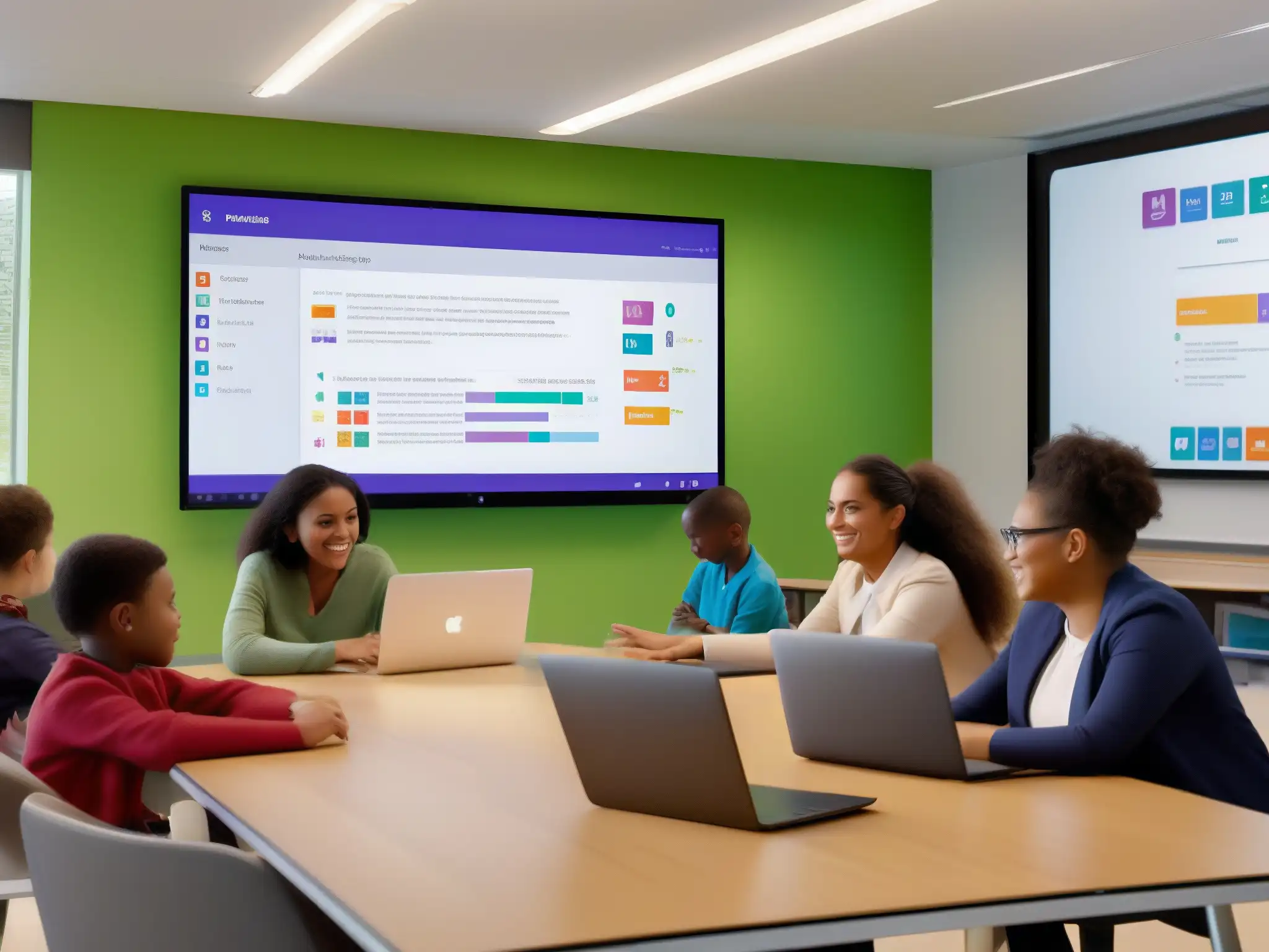 Aprendizaje interactivo con Microsoft Teams Maestros y estudiantes colaborando en aula moderna con funciones esenciales Microsoft Teams, pantalla interactiva y dispositivos digitales