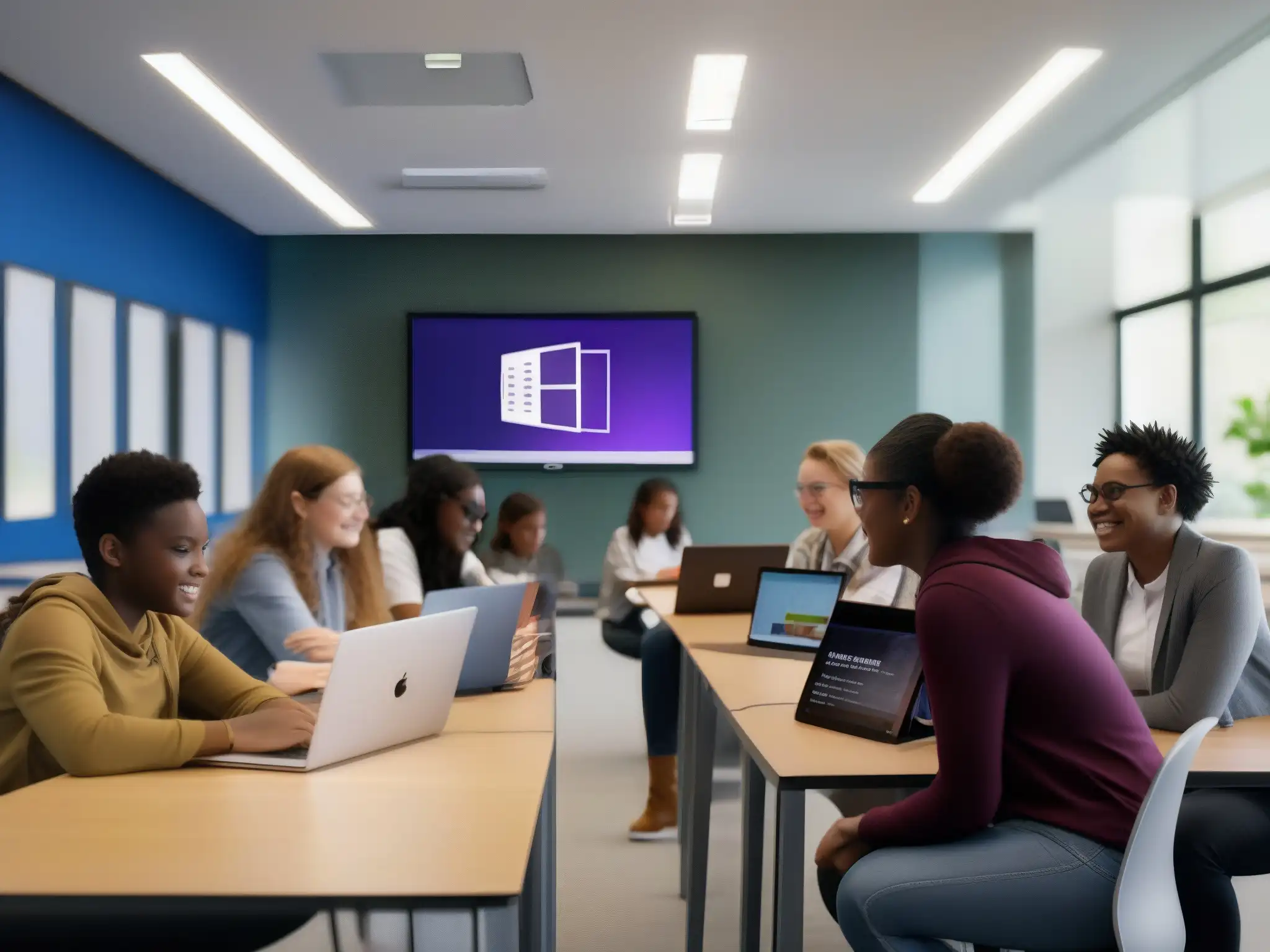 Colaboración educativa en Harvard con Microsoft Teams Maestros y estudiantes colaborando en aula moderna de Harvard utilizando funciones esenciales de Microsoft Teams