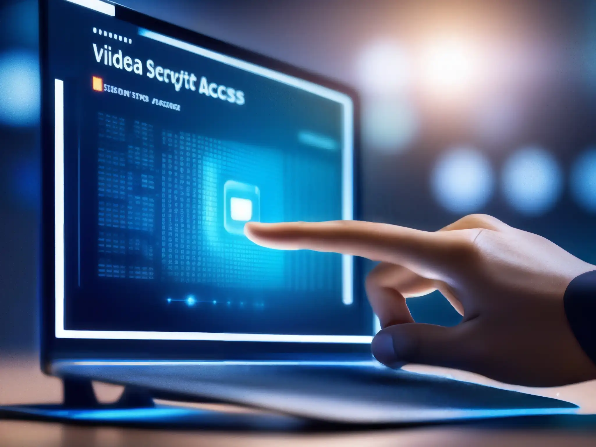 Seguridad biométrica para videoconferencias Mano asegurando acceso a videoconferencia con alta tecnología para prevención accesos no autorizados videoconferencias
