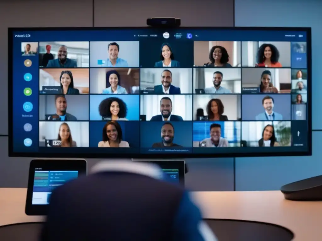 Configuración segura para videoconferencia Una mano ajusta los ajustes de seguridad en una interfaz de videoconferencia moderna, con detalles de alta definición de participantes