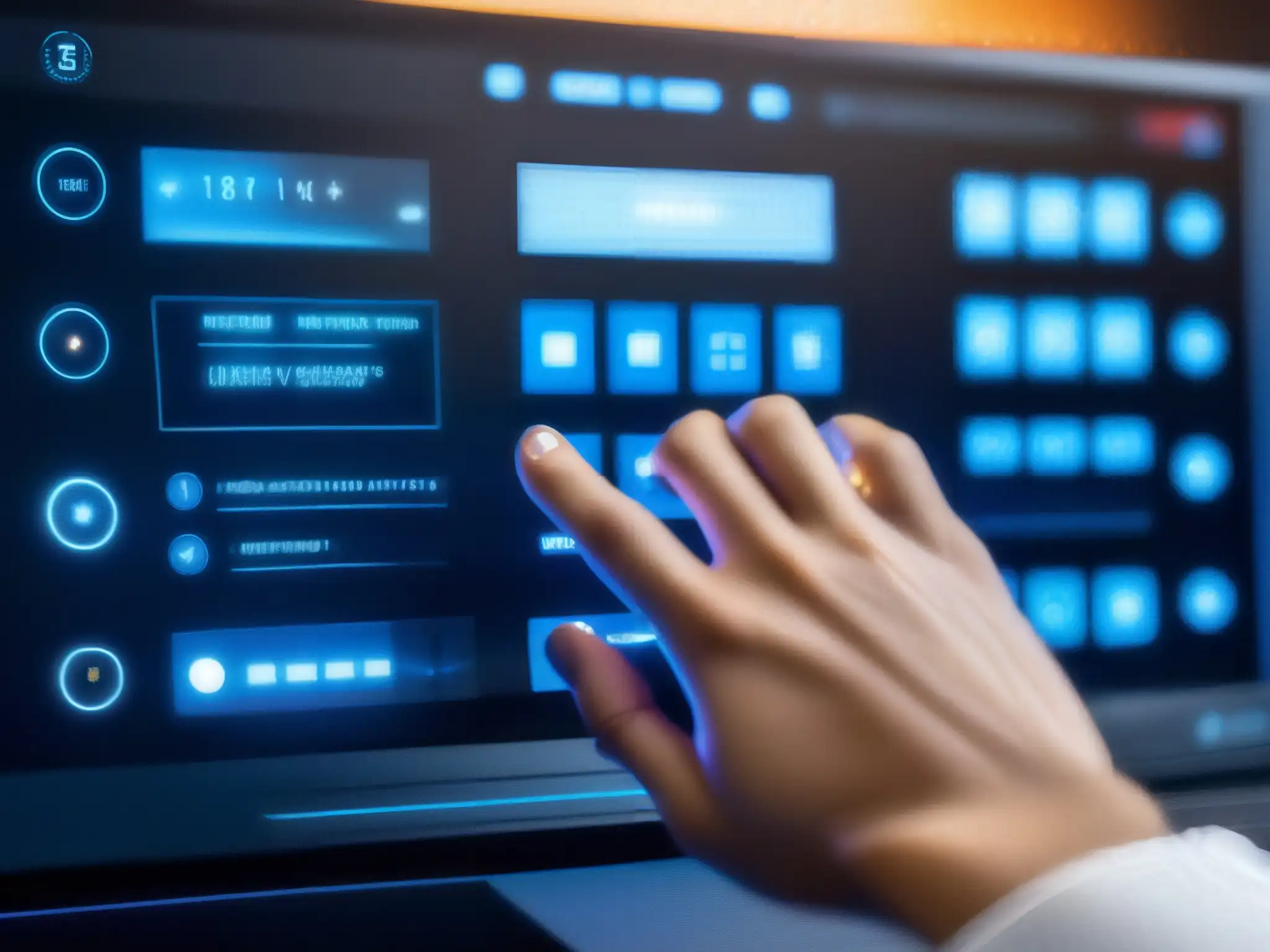 Control de conferencias de alta tecnología: la mano presiona un botón Mano presionando botón en panel de videoconferencia, personalización herramientas videoconferencia APIs, modernidad y profesionalismo
