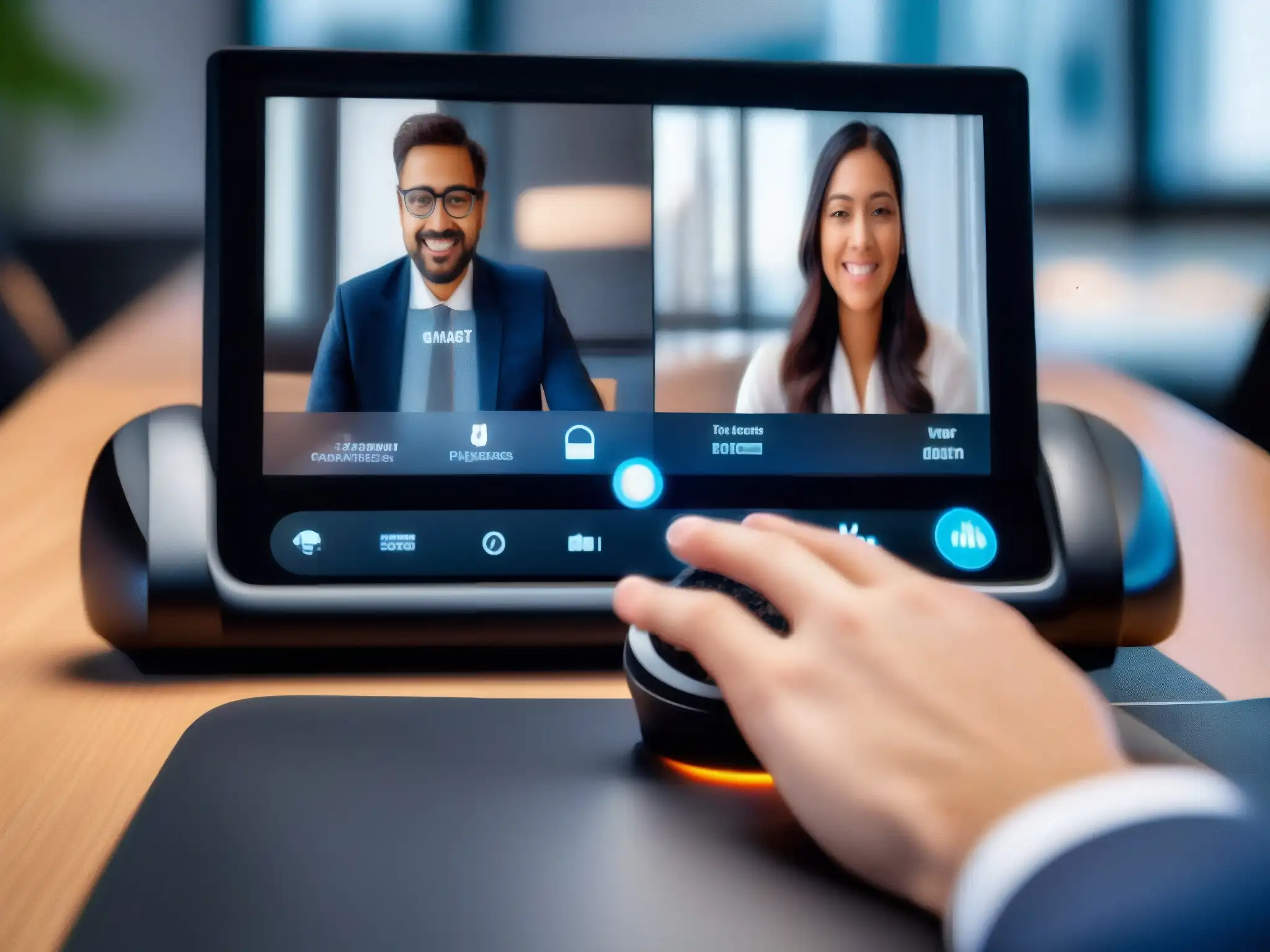 Mano ajustando cámara en videoconferencia moderna Mano ajustando la cámara en moderno equipo de videoconferencia, resalta dominio de herramientas y adaptabilidad profesional