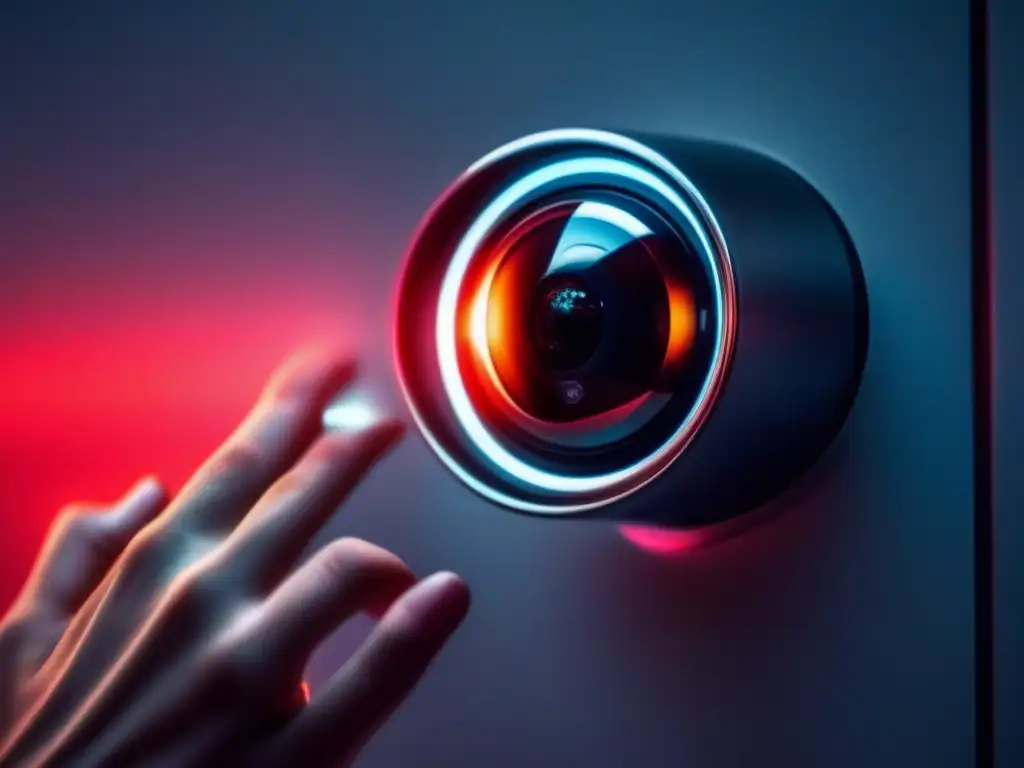 Interacción futurista: mano tocando cámara de seguridad Una mano se acerca a una cámara de seguridad futurista, destacando las mejores prácticas de seguridad en videoconferencias