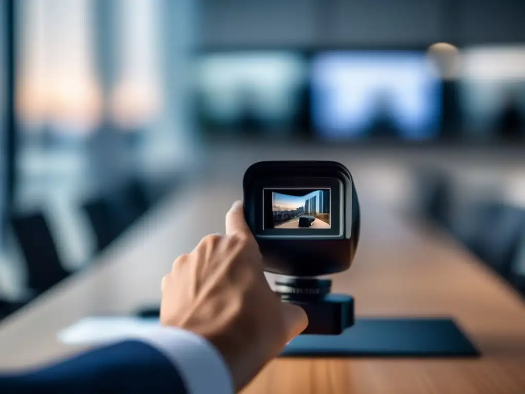Ajuste profesional de cámara para videoconferencia Mano ajusta cámara de videoconferencia en oficina moderna