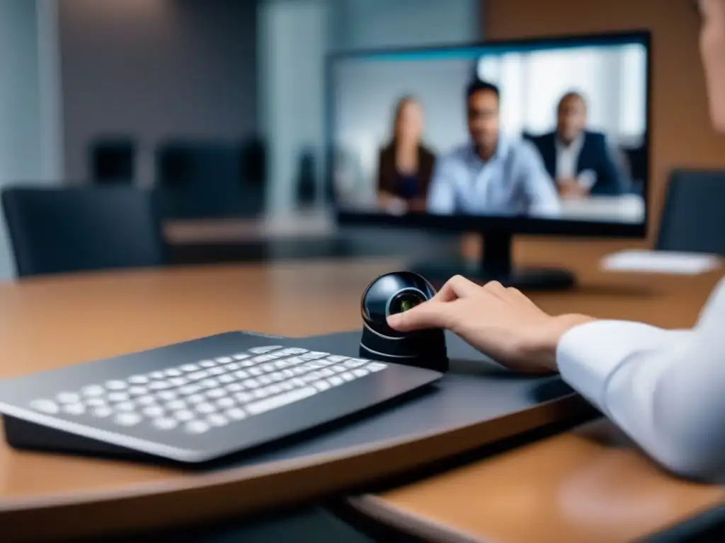 Ajuste preciso: mano configura cámara de videoconferencias Mano ajustando cámara de videoconferencia en sala moderna