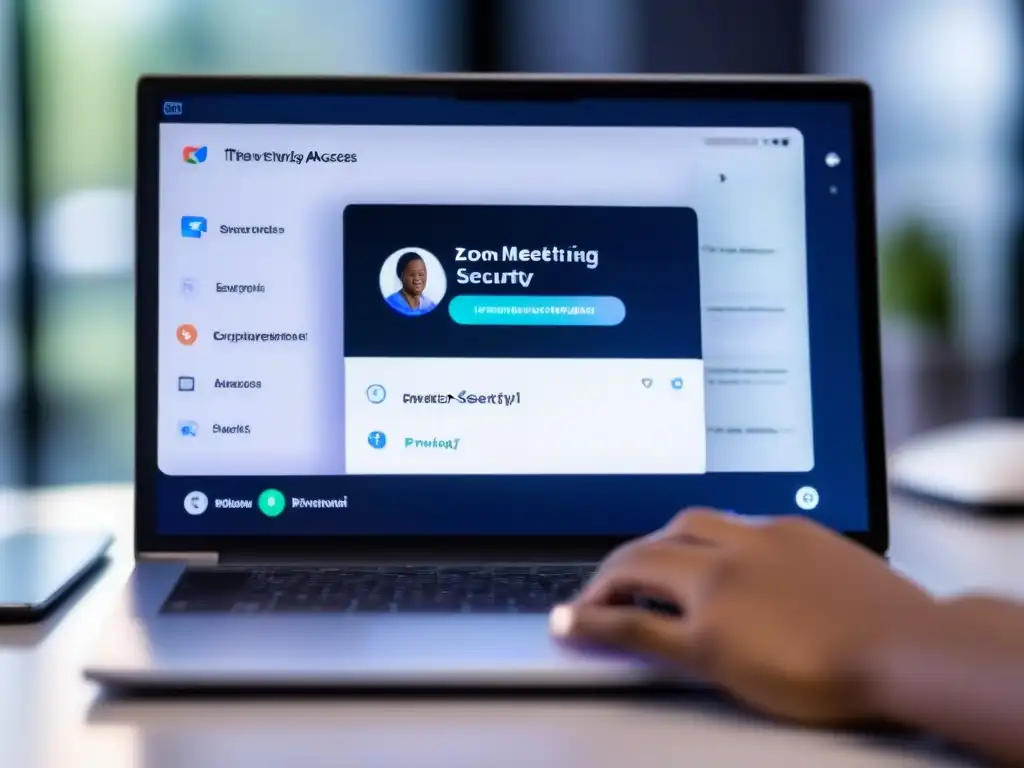 Configuración de privacidad y seguridad en Zoom: enfoque detallado Una mano ajusta la configuración de privacidad y seguridad en una pantalla de Zoom, resaltando la importancia de proteger reuniones Zoom de intrusos
