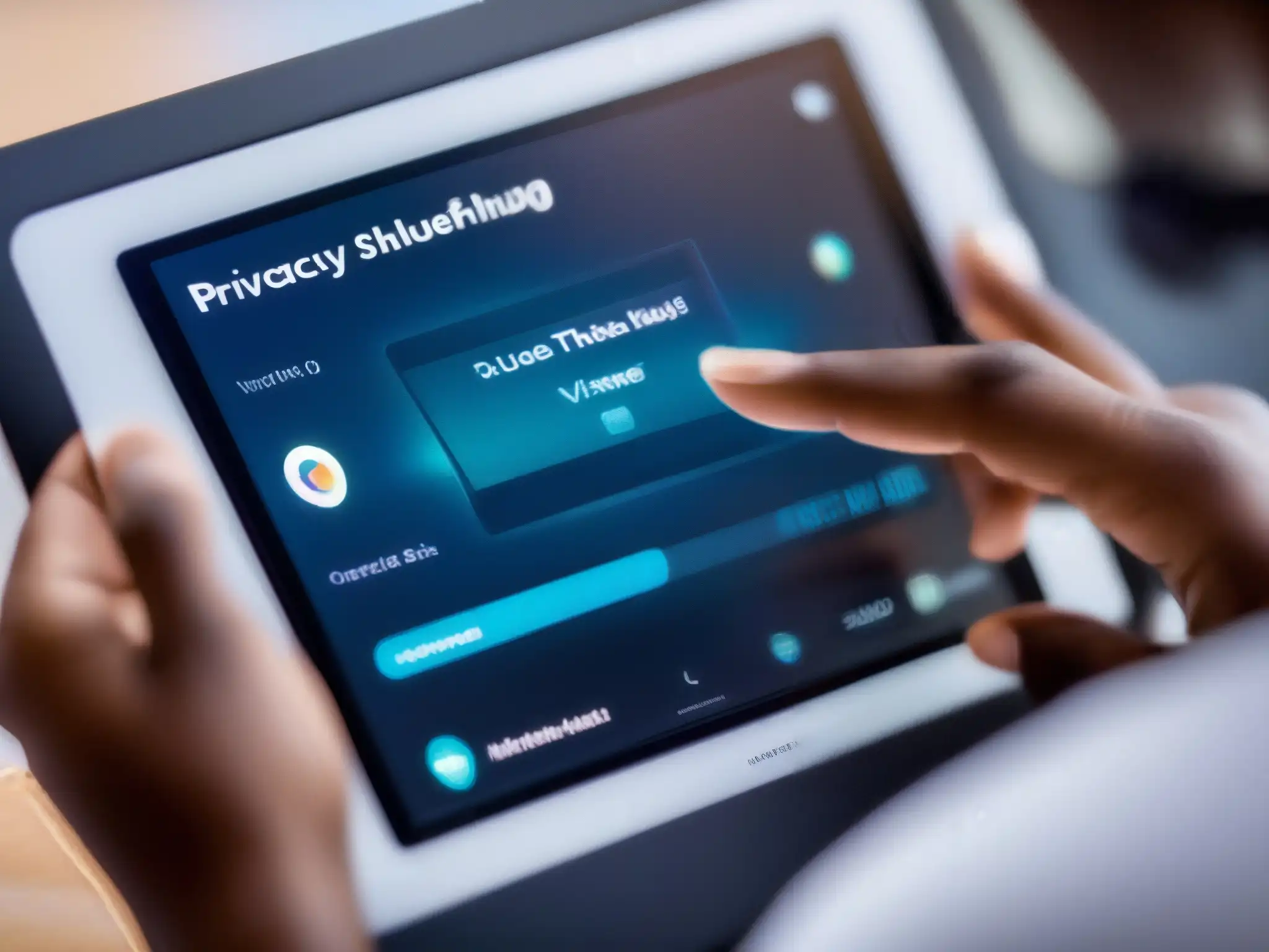 Ajuste de privacidad experto en VideoMeetingsHub Mano ajustando la configuración privacidad en VideoMeetingsHub de forma segura y sencilla en pantalla moderna