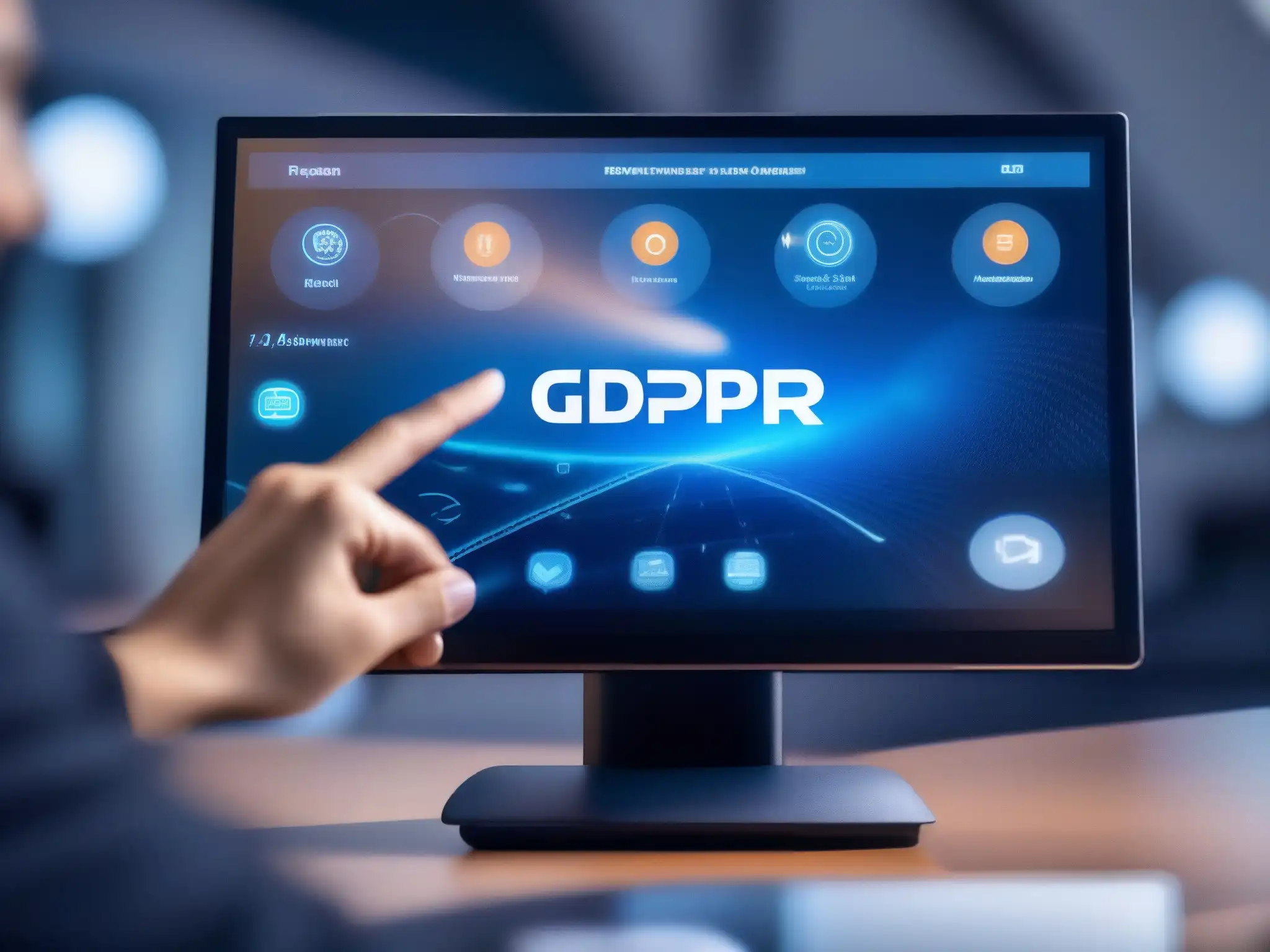 Ajuste de videoconferencia con cumplimiento GDPR Mano ajustando configuración de videoconferencia con cumplimiento GDPR en moderna oficina