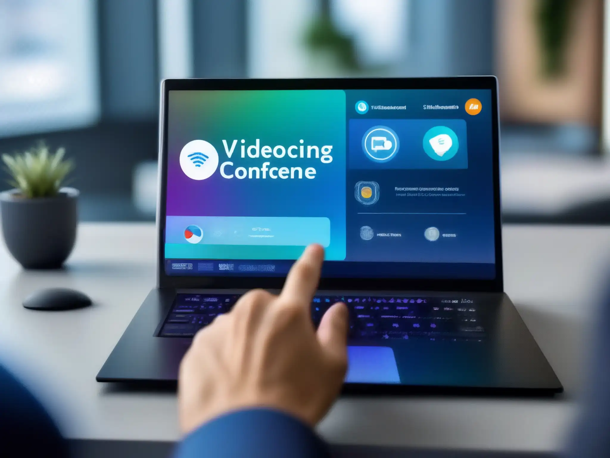 Ajuste de seguridad en videoconferencia Mano ajustando configuraciones de videoconferencia en pantalla de alta resolución, transmitiendo seguridad y protección de datos