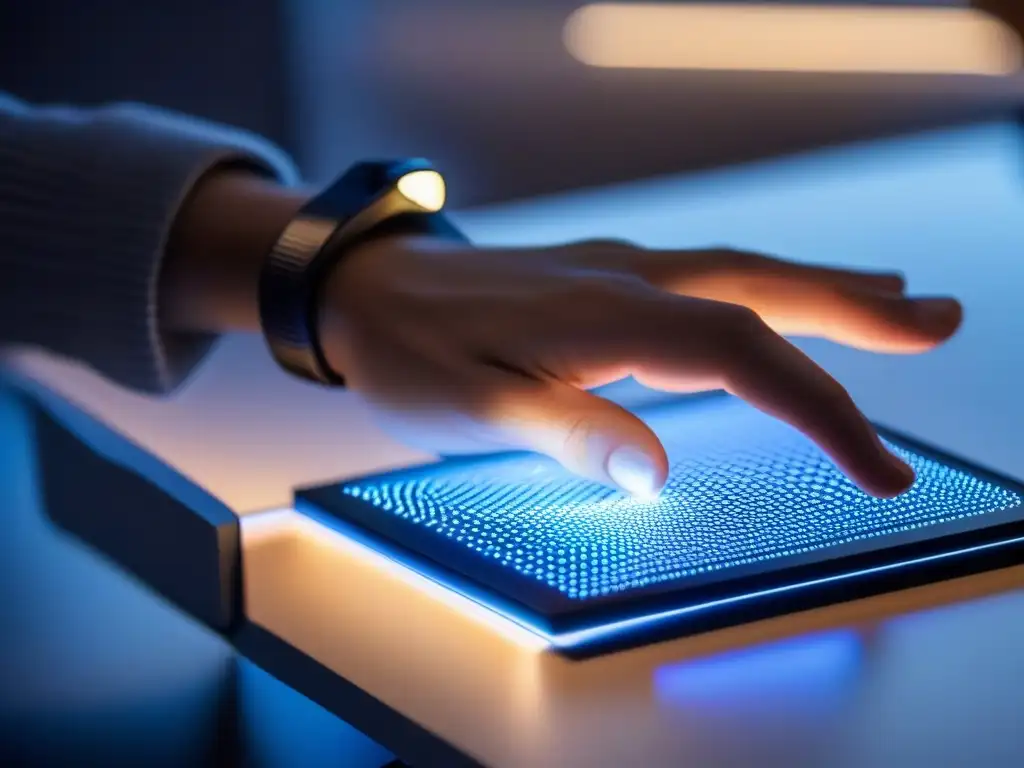 Interacción táctil: tecnología accesible para discapacitados visuales Una mano interactúa con un dispositivo de retroalimentación táctil en videoconferencias, resaltando su diseño y uso inclusivo