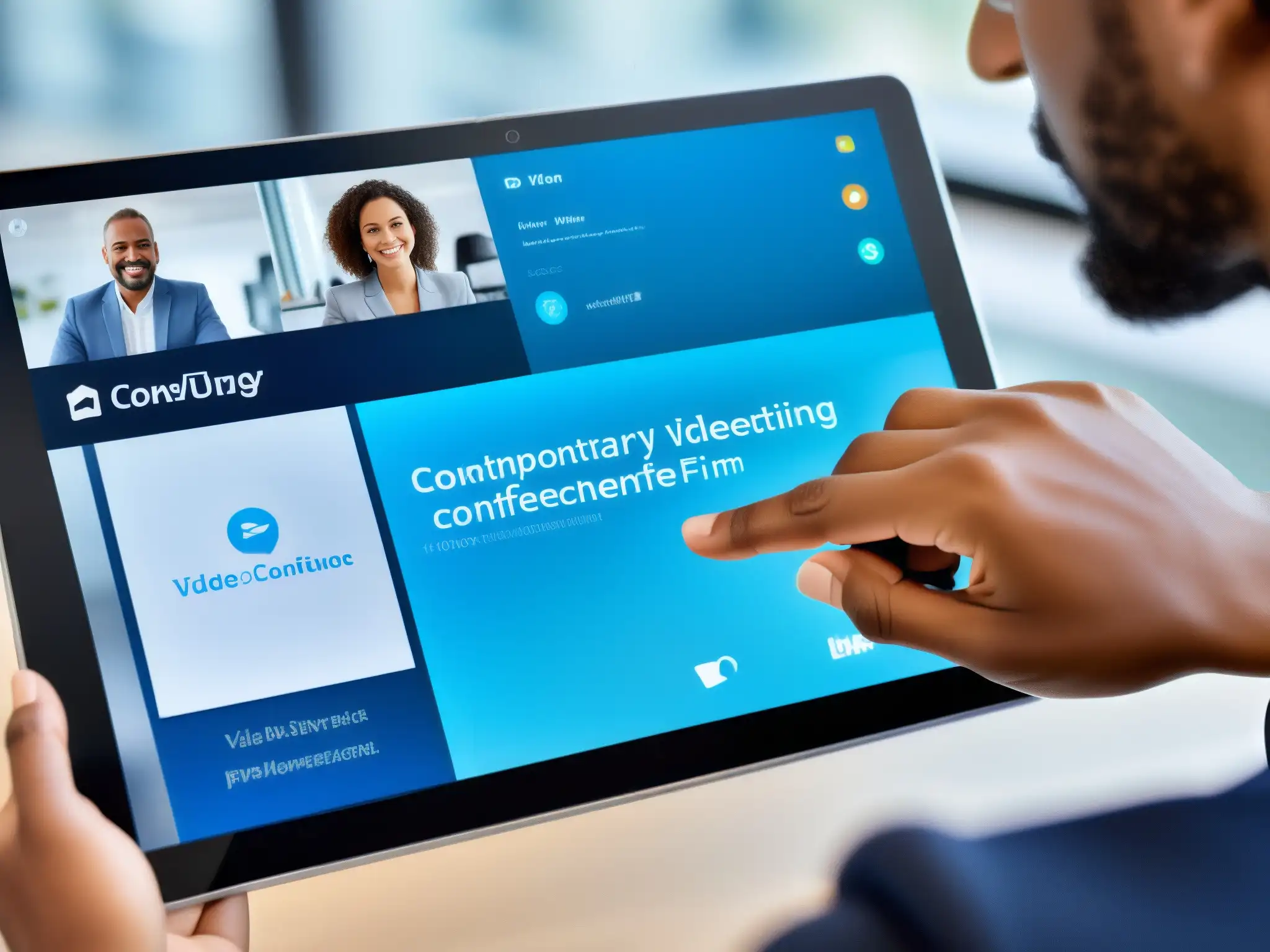 Experto en videoconferencias: dominio tecnológico y profesionalismo Mano experta domina herramientas de videoconferencia con adaptabilidad y eficiencia en entorno profesional y educativo