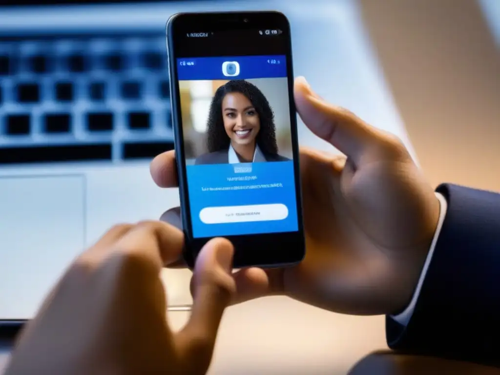 Autenticación biométrica: mano en smartphone Mano usando autenticación dos factores en videoconferencia con smartphone de alta tecnología