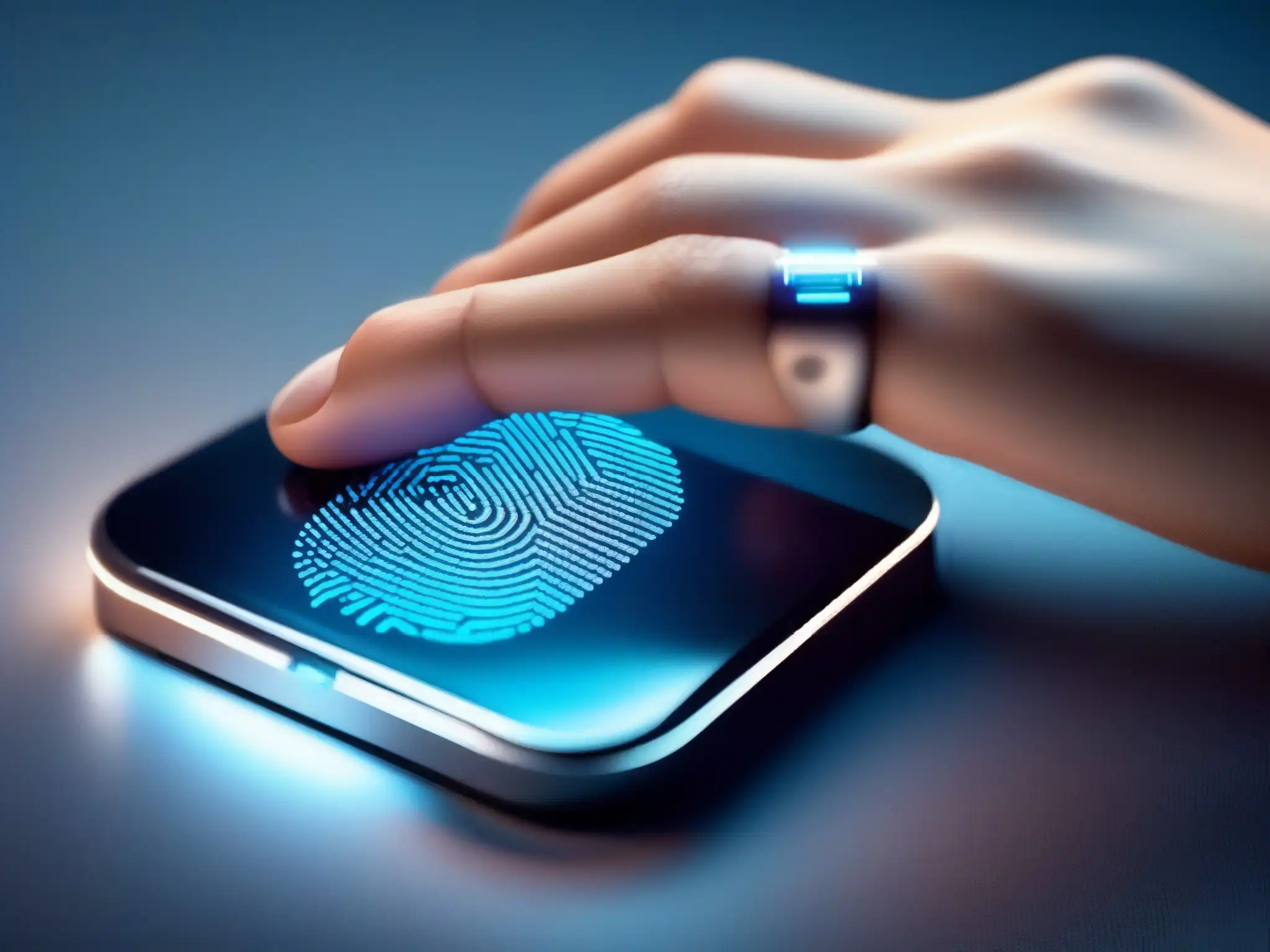 Autenticación biométrica de alta tecnología: huella digital en detalle Mano presionando huella en dispositivo biométrico de alta tecnología, transmite seguridad y prevención de fallos de autenticación