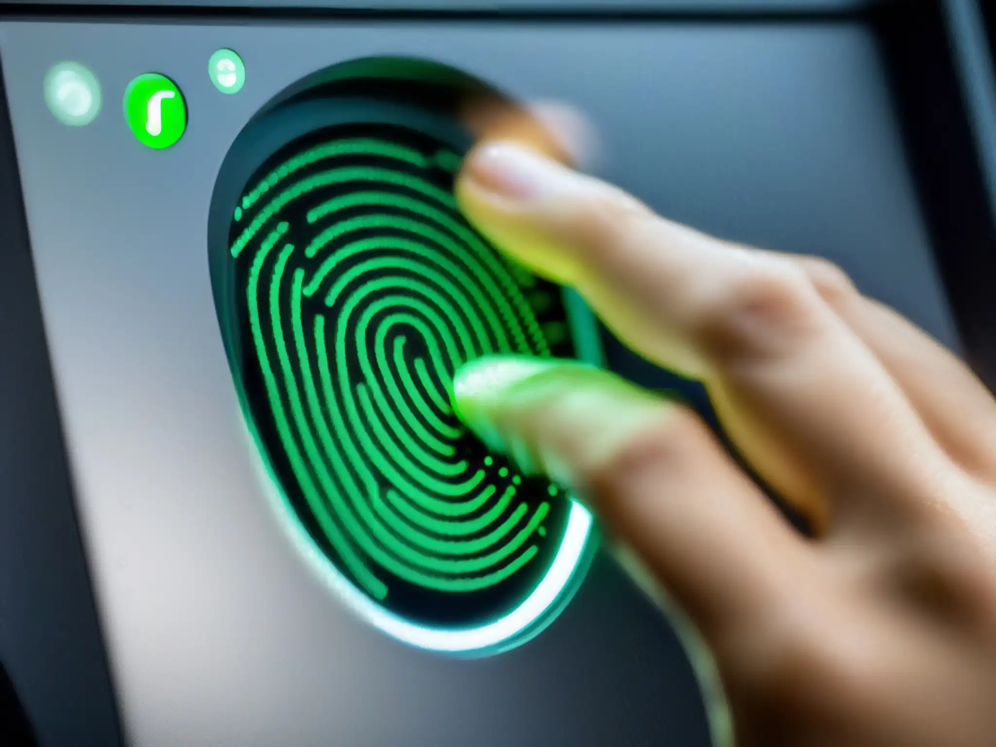 Escaneo biométrico de alta tecnología: determinación y confianza Mano presionando huella en scanner biométrico con evaluación seguridad plataformas videoconferencia