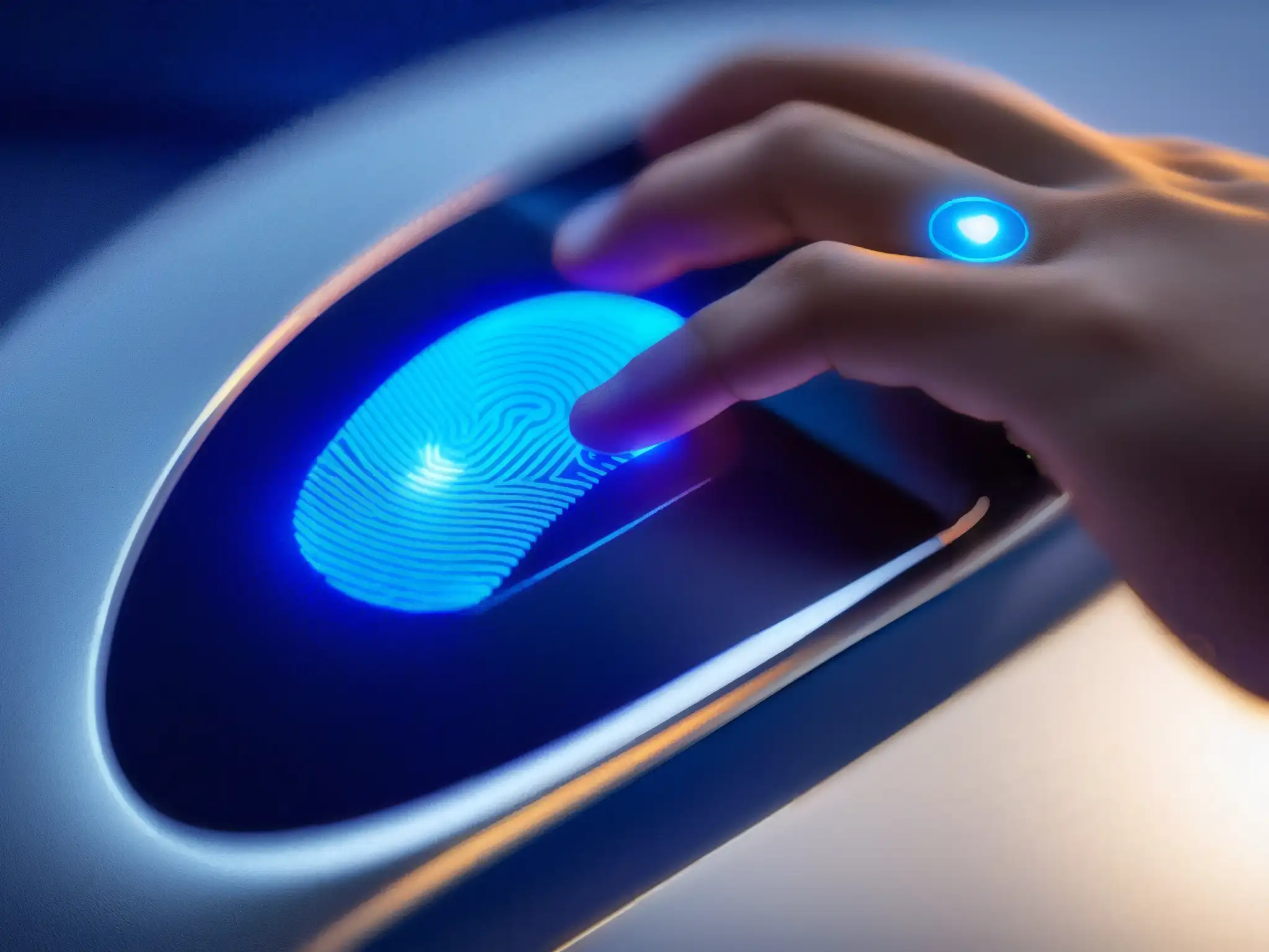 Autenticación segura: mano al escáner de huellas Mano iluminada alcanzando lector de huellas digitales en dispositivo moderno, evocando seguridad y prevención de fallos de autenticación