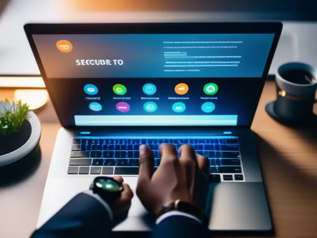 Ambiente profesional de auditoría de seguridad en videoconferencias Una mano tecleando en un moderno portátil con una interfaz segura de videoconferencia