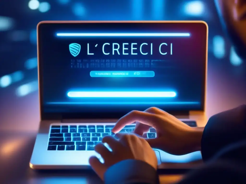 Escritura segura en laptop moderno Mano escribiendo en moderno teclado de laptop, pantalla con autenticación biométrica y símbolos de encriptación