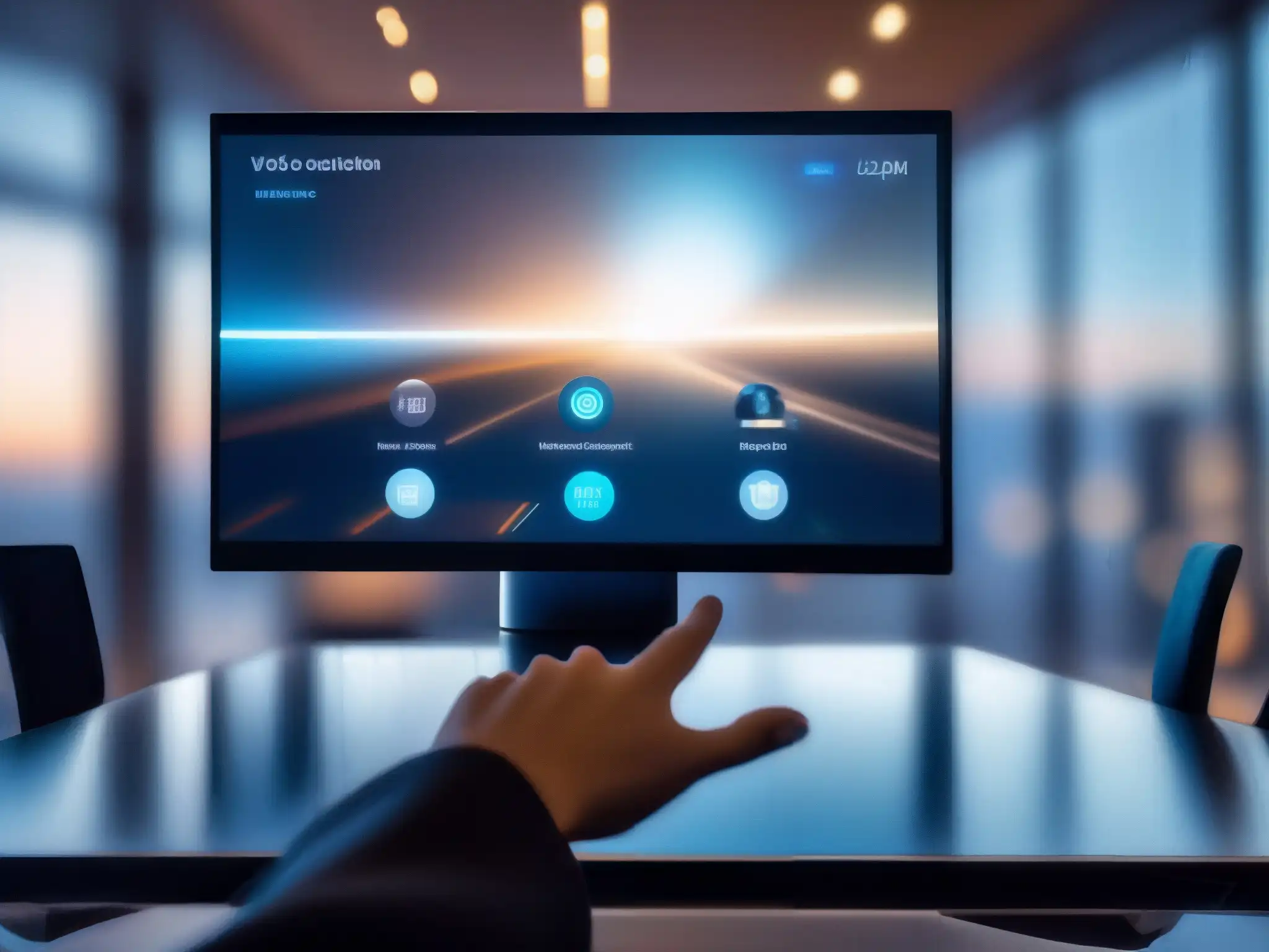 Videoconferencia futurista con seguridad avanzada Una mano alcanza un moderno VideoMeetingsHub, iluminado con un suave resplandor futurista