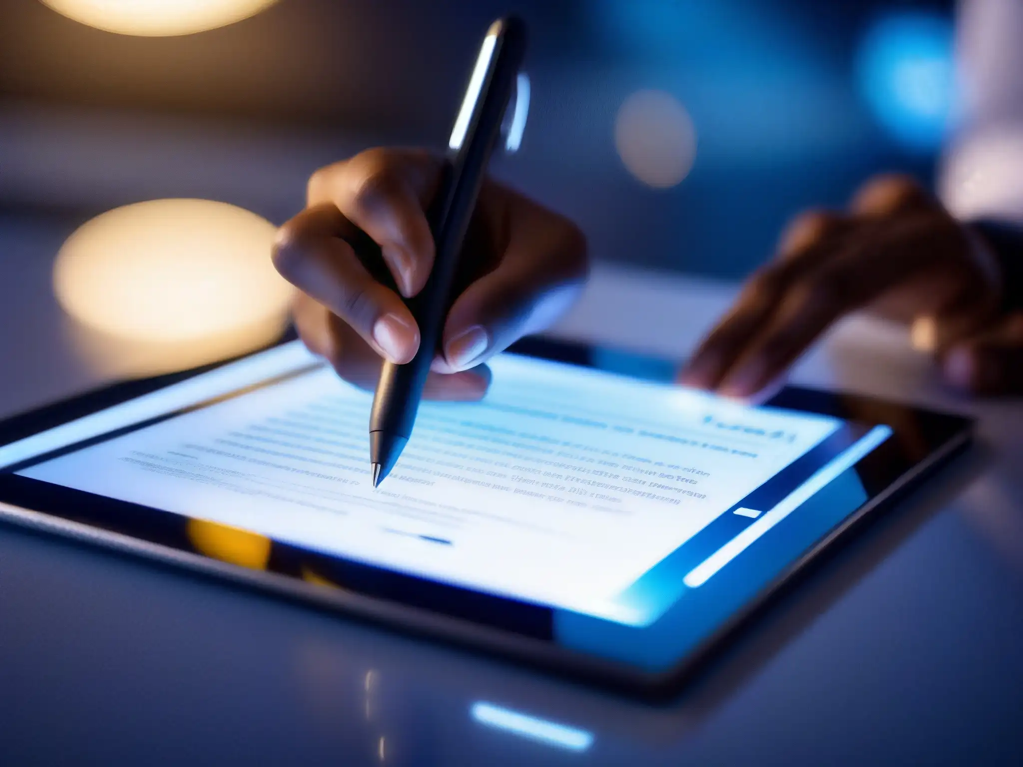 Firma digital precisa en tablet futurista Mano firmando con precisión en una tablet futurista