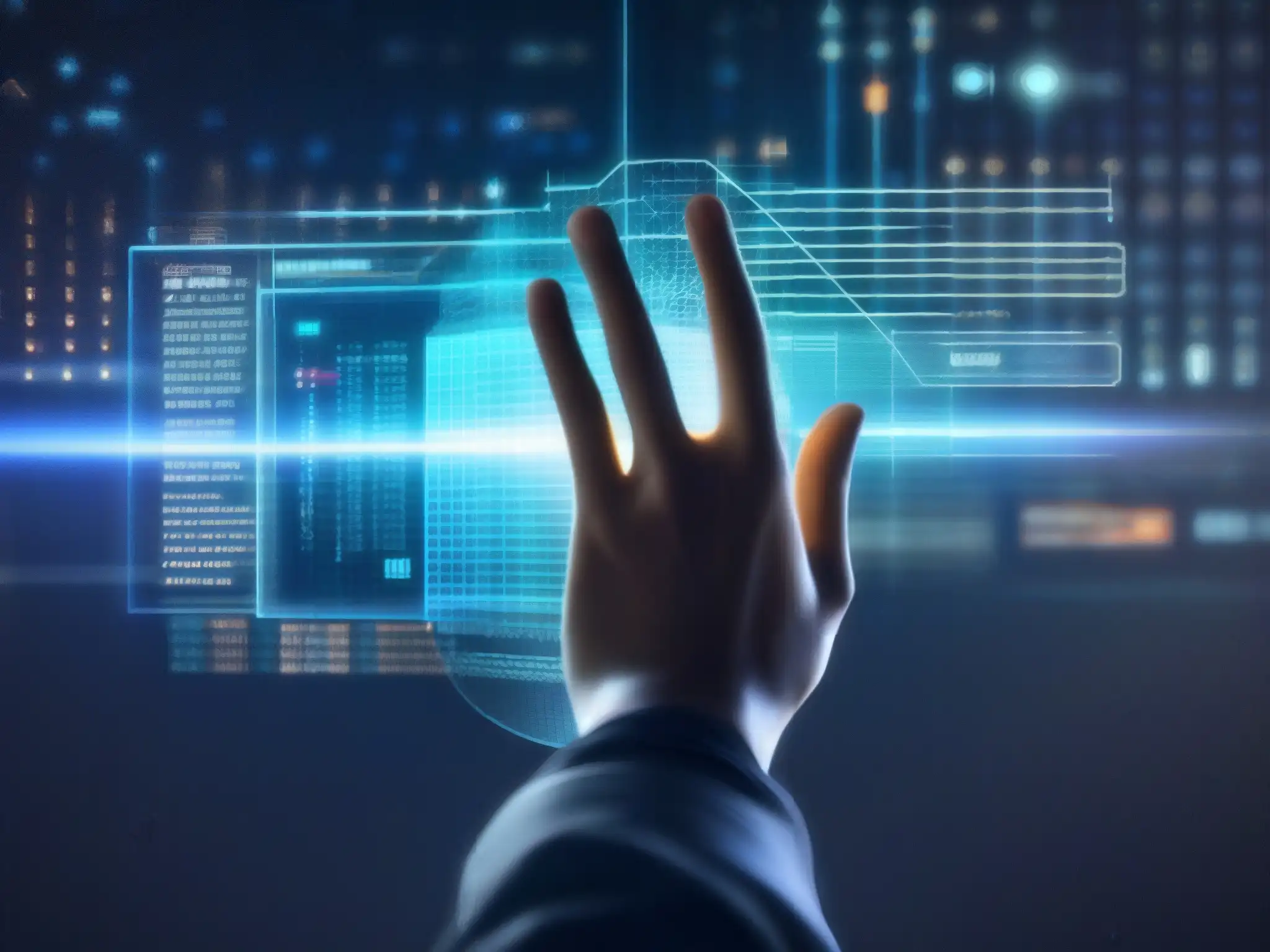 Visualización holográfica de algoritmo de encriptación avanzado Mano profesional proyecta holograma de algoritmo de encriptación en ambiente futurista, destacando seguridad y control en videoconferencias