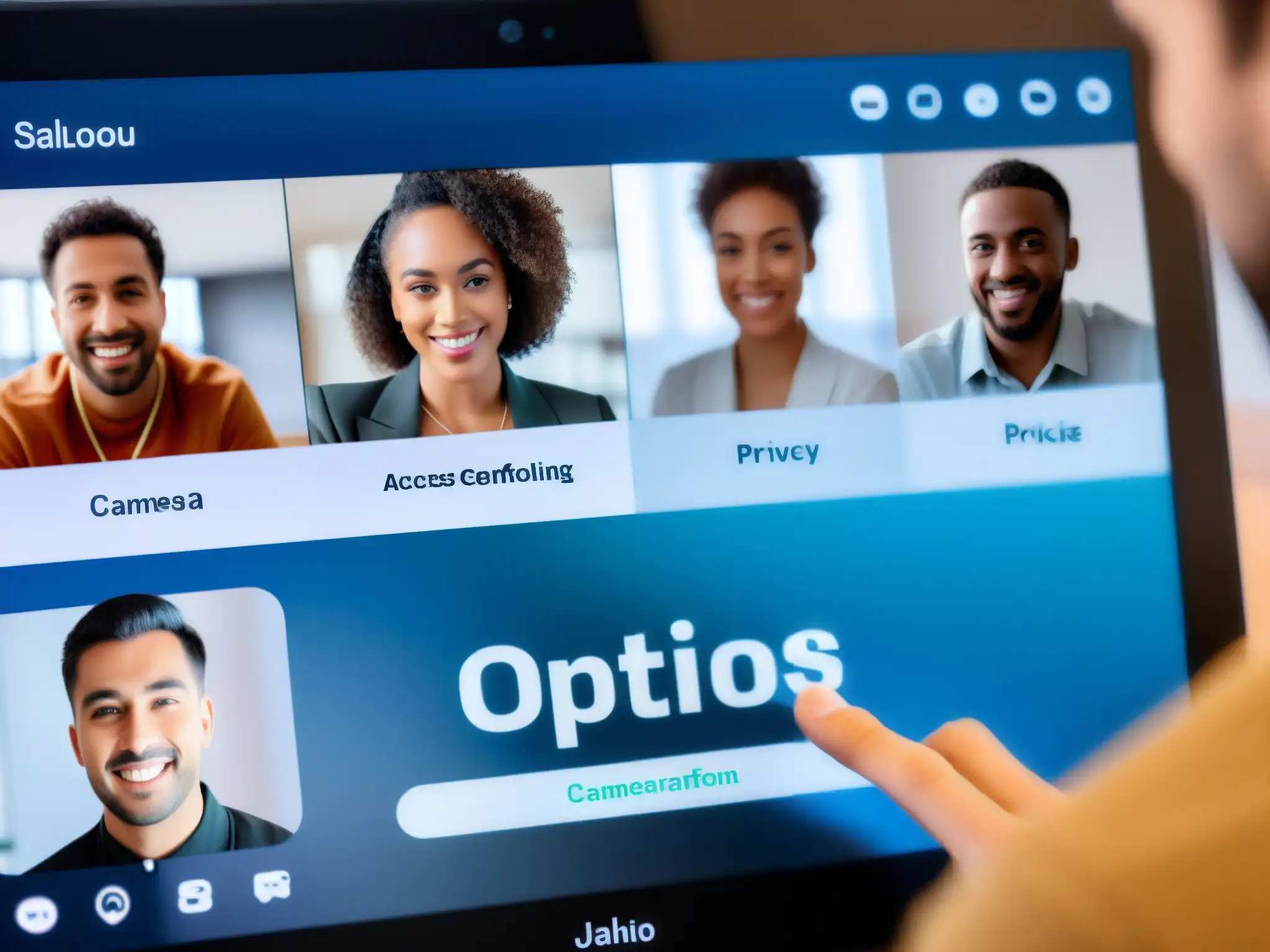 Ajustes de privacidad: Protegiendo tu seguridad en línea Mano ajusta protocolos de privacidad en videoconferencias, resaltando importancia y seguridad en la comunicación virtual