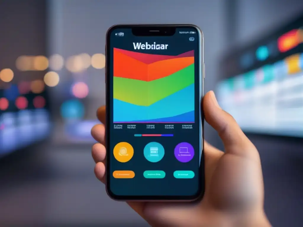 Visualizaciones en tiempo real de participación en webinar Mano sostiene smartphone con app de participación y feedback en webinars, en moderno entorno profesional