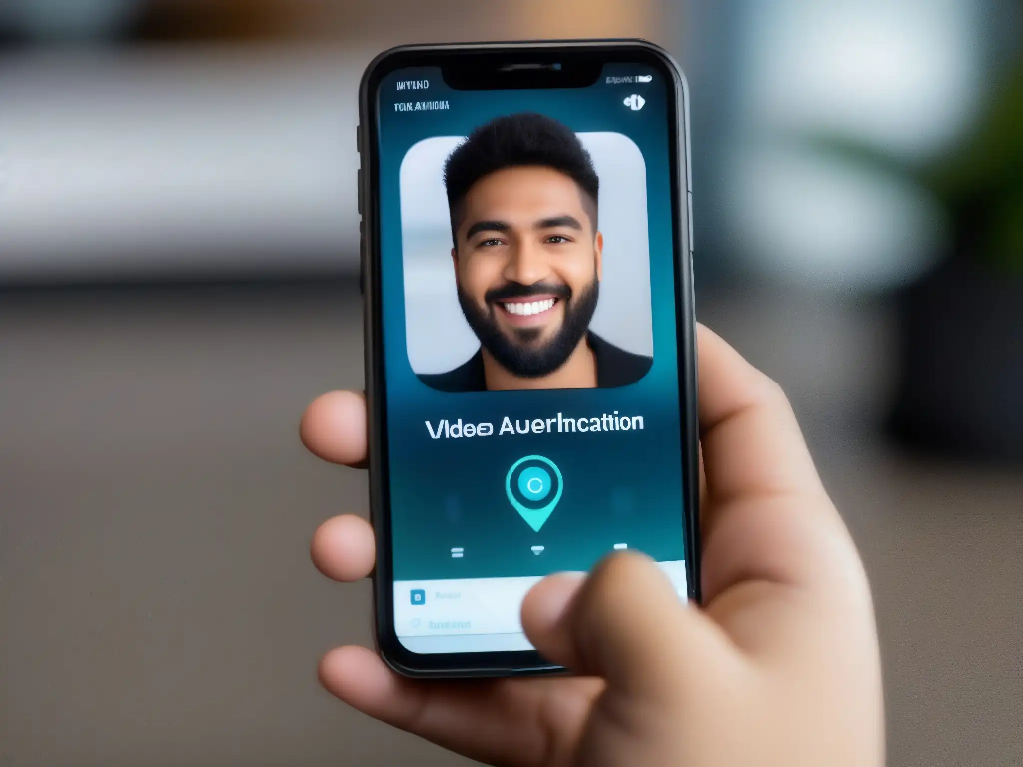 Autenticación de videoconferencia segura Mano sostiene smartphone con autenticación de dos factores en videoconferencias, reflejando profesionalismo y seguridad