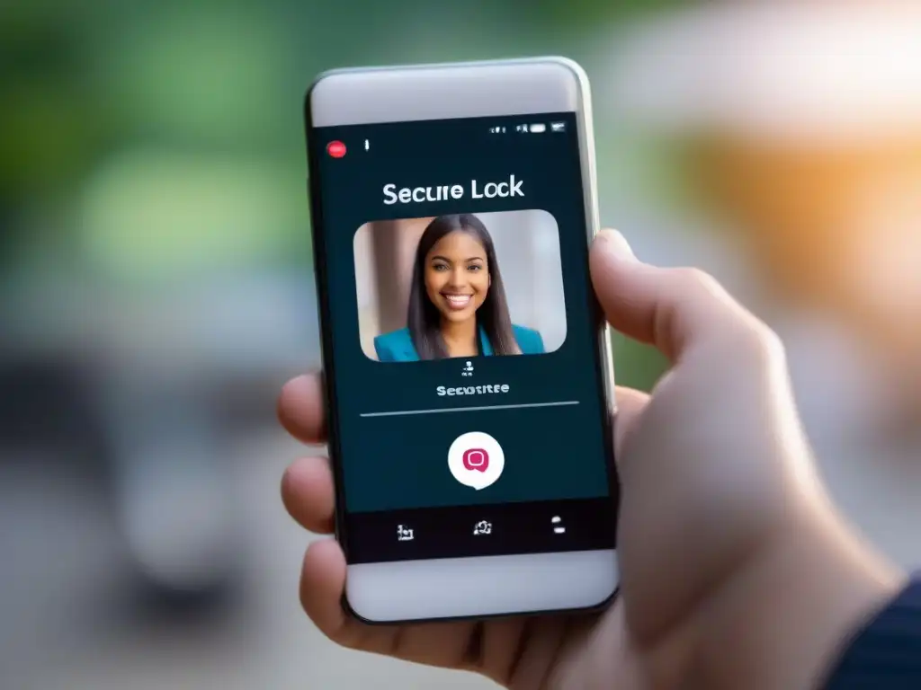 Mano con smartphone y smartwatch: seguridad en videoconferencias Mano sostiene smartphone con interfaz de video llamada segura, destacando la autenticación multifactor para videoconferencias