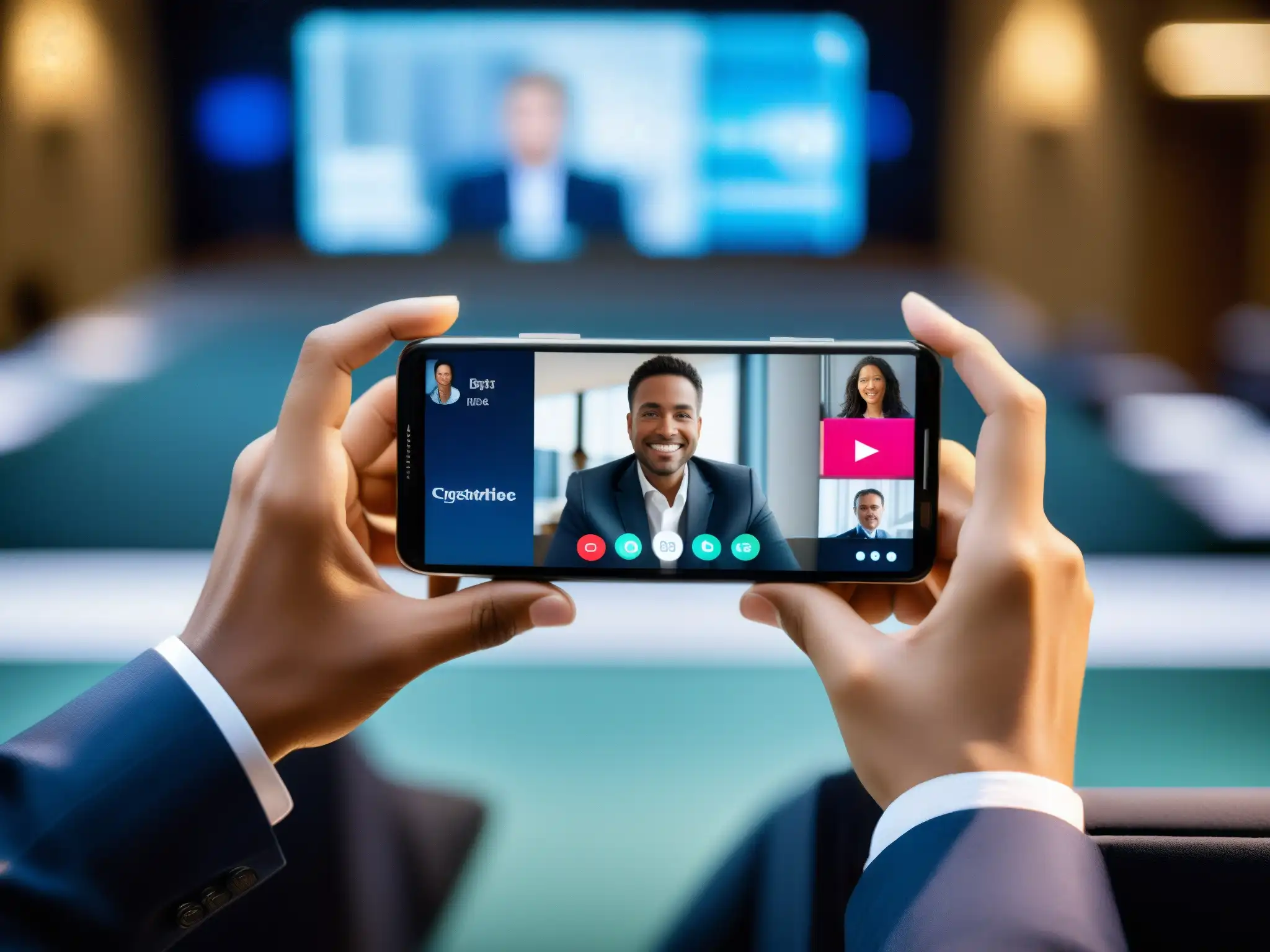 Conferencia profesional en smartphone: eficiencia y sofisticación Mano sostiene smartphone con videoconferencia HD, reflejando eficiencia y profesionalismo en gestión de videoconferencias en smartphone
