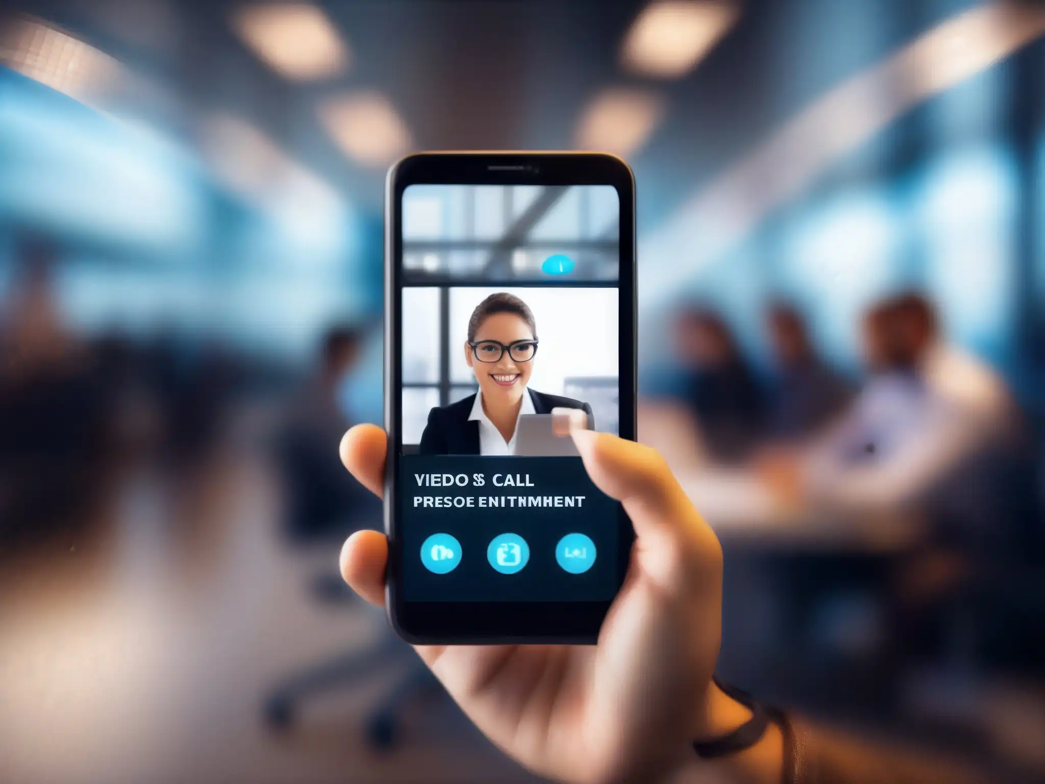 Terminando llamada: seguridad en videoconferencias Mano sostiene smartphone con videoconferencia, fondo de oficina moderna