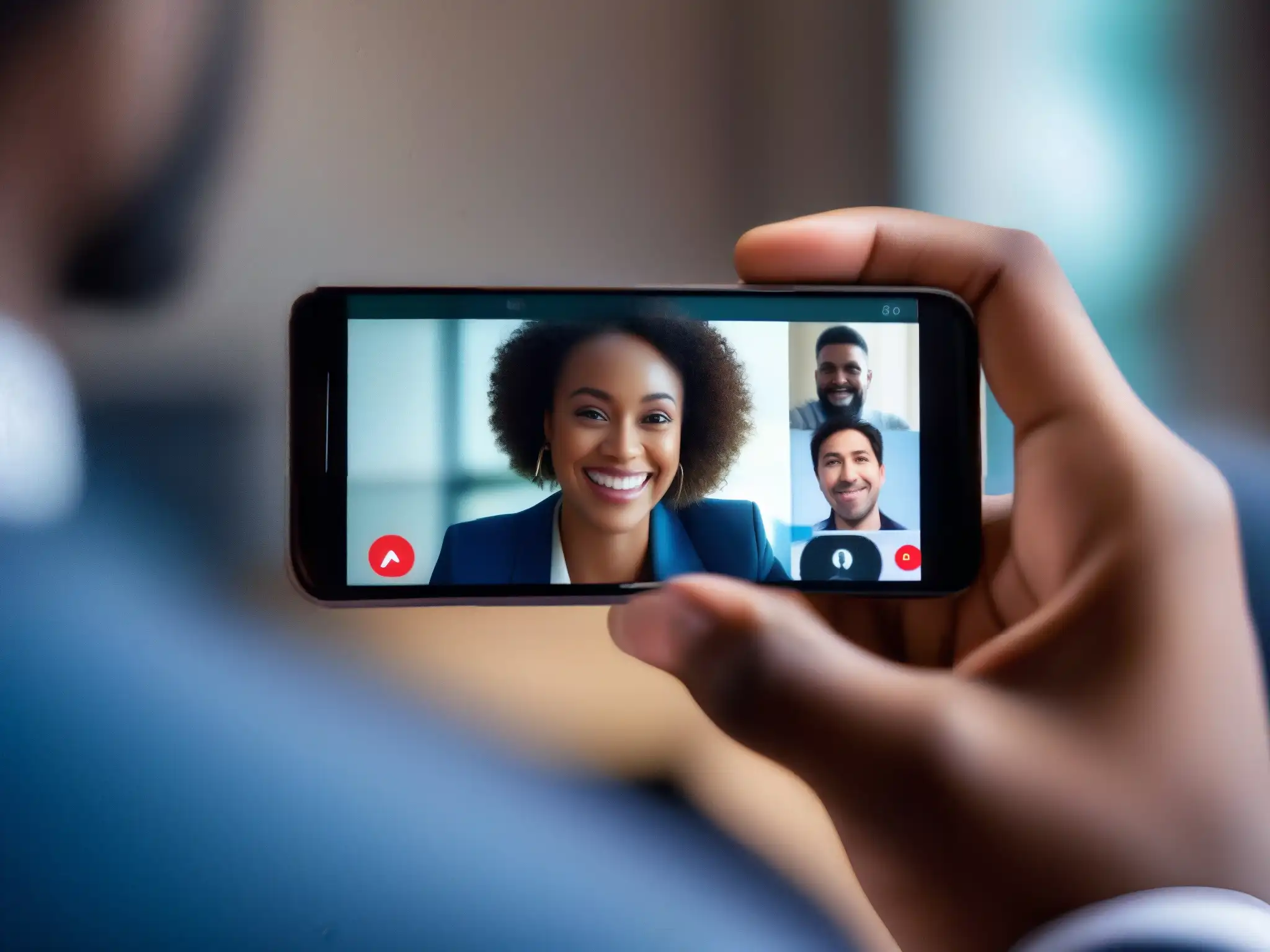 Conferencia virtual en smartphone: integración moderna Una mano sostiene un smartphone con una videoconferencia en pantalla, destacando la experiencia de videoconferencia en dispositivos móviles