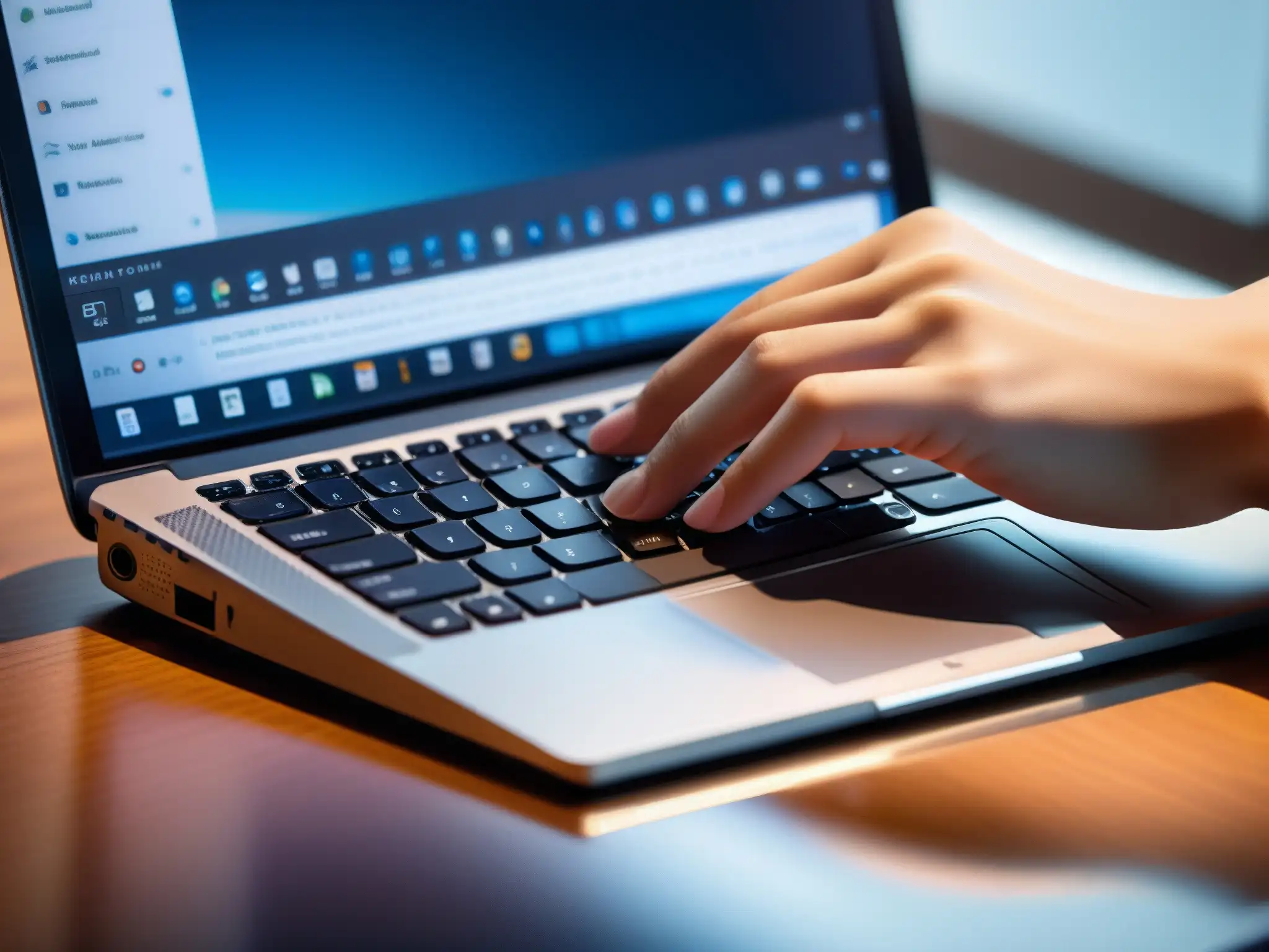 Manos profesionales en teclado moderno Mano escribiendo en teclado moderno, ambiente profesional y cálido