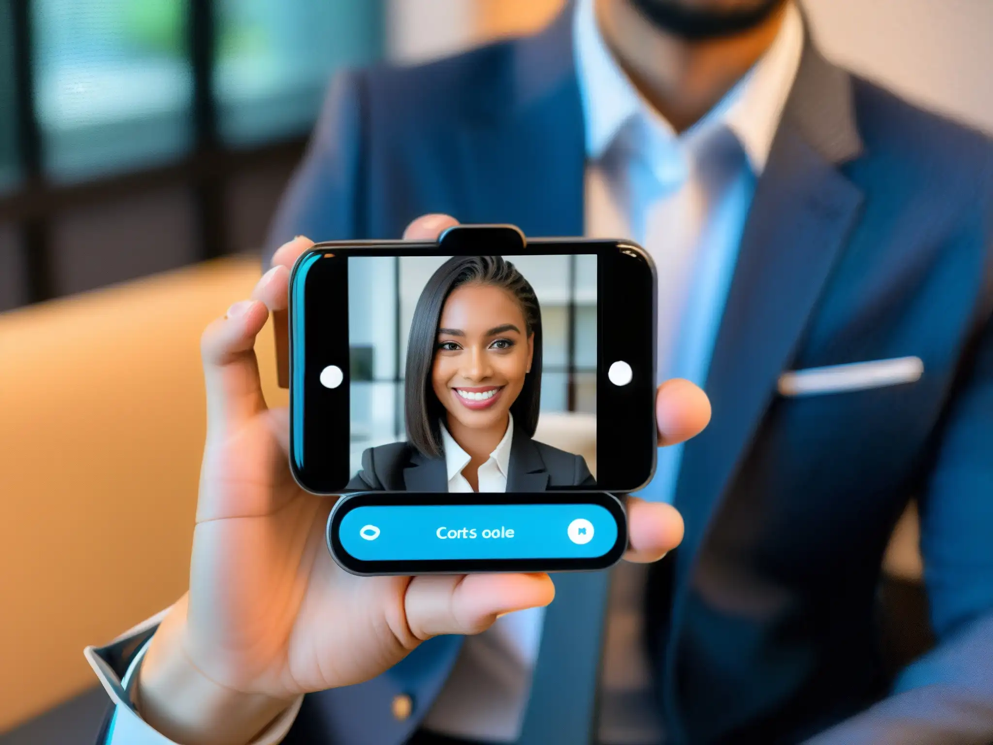 Videoconferencia profesional y segura en smartphone Mano sostiene móvil en videoconferencia segura, con protocolos esenciales seguridad
