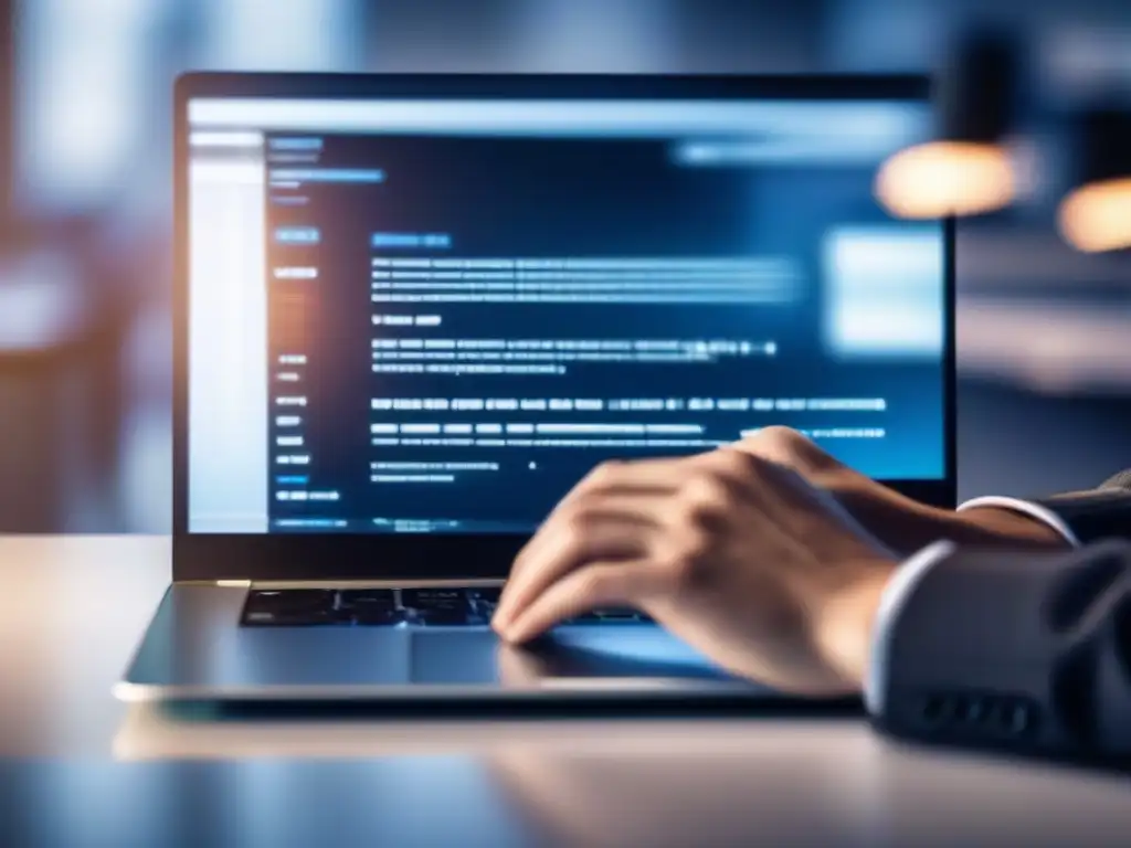 Desarrollador codificando en laptop moderna Manos de desarrollador tecleando código en laptop moderna con interfaz de plugin de videoconferencias