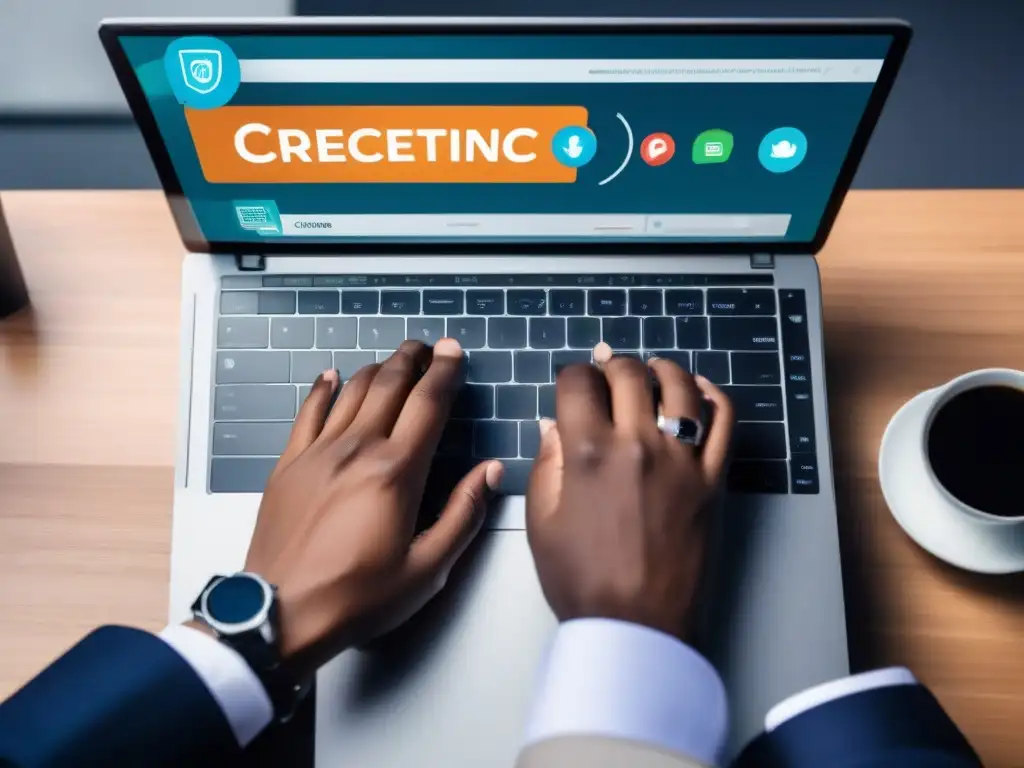 Manos profesionales en teclado de laptop con videoconferencia segura Manos profesionales escriben en teclado moderno con interfaz de videoconferencia mostrando checklist seguridad