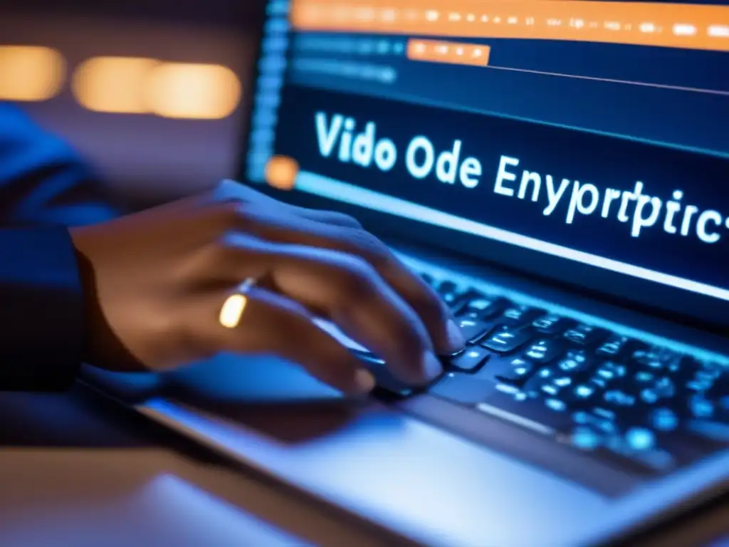 Manos tecleando código en laptop moderna Manos tecleando en un teclado de laptop con código encriptado, resaltando la importancia de la privacidad en videoconferencias y protocolos de encriptación