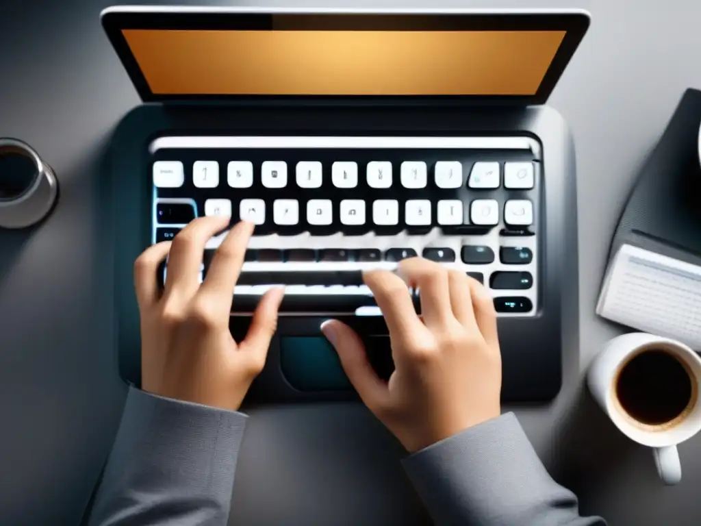 Manos profesionales en teclado moderno, Webex y café Manos escribiendo en un teclado moderno, usando atajos de teclado para videoconferencia Webex, en un ambiente profesional y acogedor con luz natural