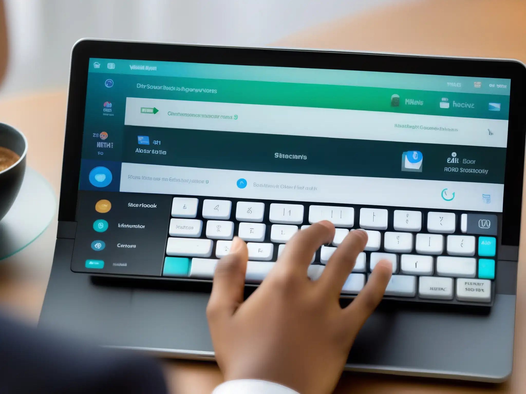 Hands-on Keyboard: Eficiencia en Webex Manos sobre un teclado moderno con Webex en la pantalla, listas para usar atajos de teclado en videoconferencia