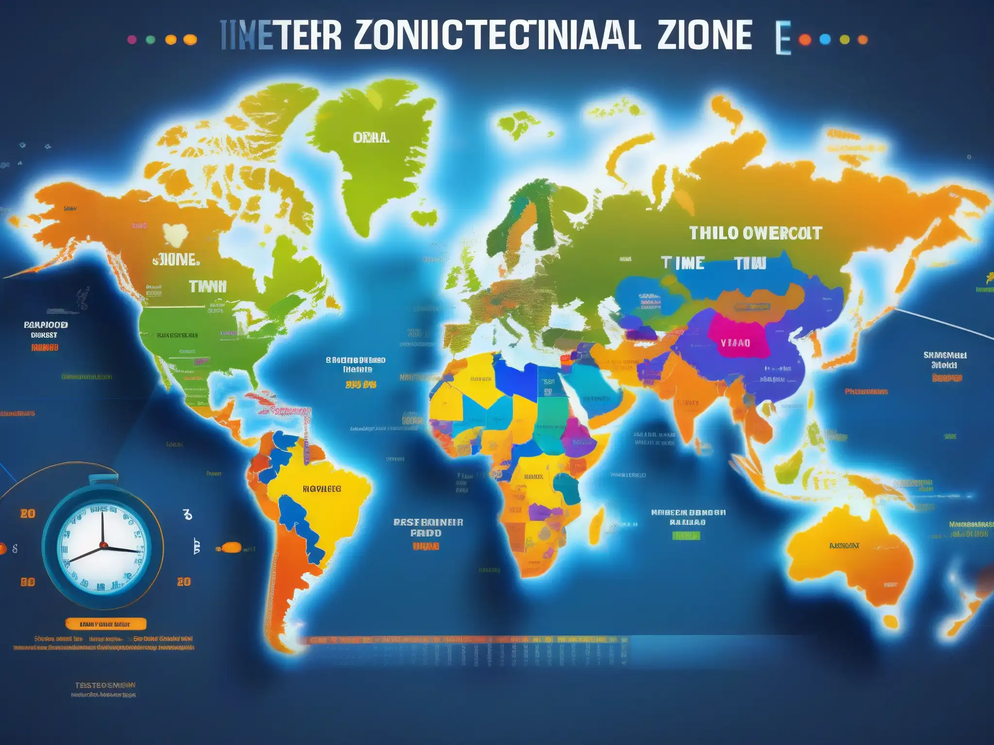Mapa mundial de zonas horarias para conferencias internacionales Un mapa del mundo moderno y vibrante con indicadores de zonas horarias, ilustrando la gestión global de horarios para videoconferencias