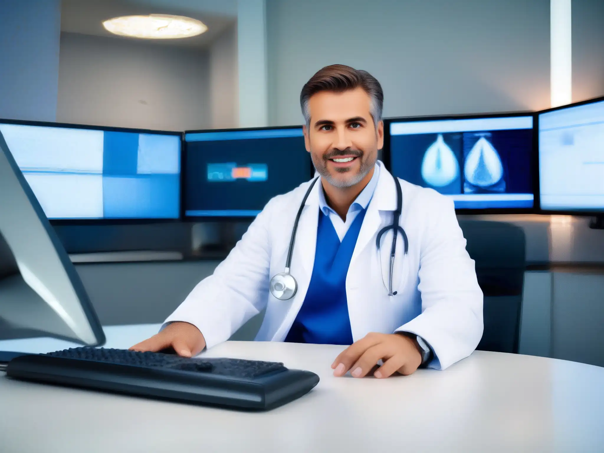 Consulta médica virtual: profesionalidad y empatía en un hospital moderno Un médico en bata blanca y estetoscopio, serio, en videoconferencia con un paciente
