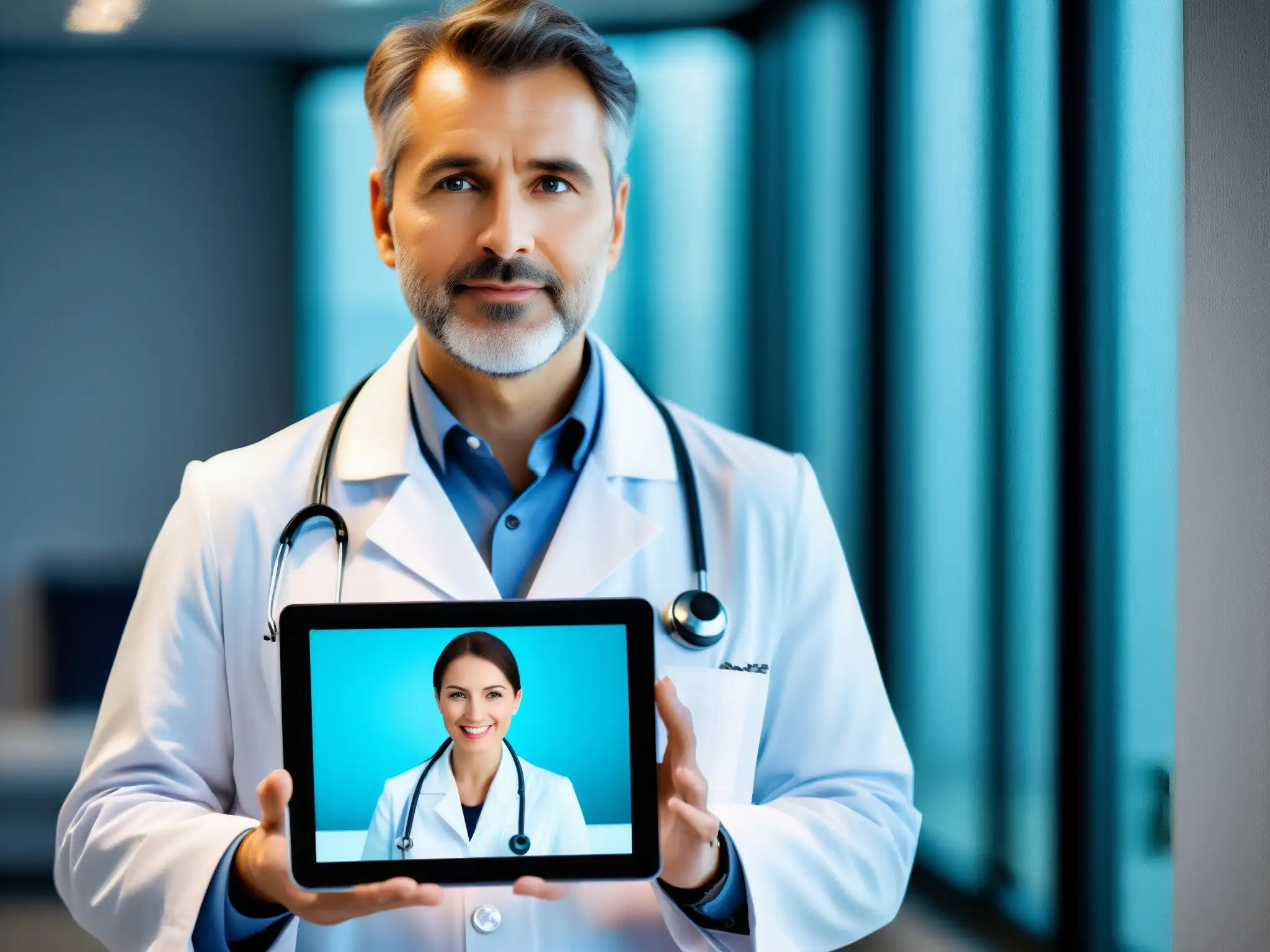 Doctor virtual consultando paciente con tecnología de vanguardia Un médico en bata blanca usa una herramienta de videoconferencia de alta tecnología en una tablet elegante para una consulta virtual