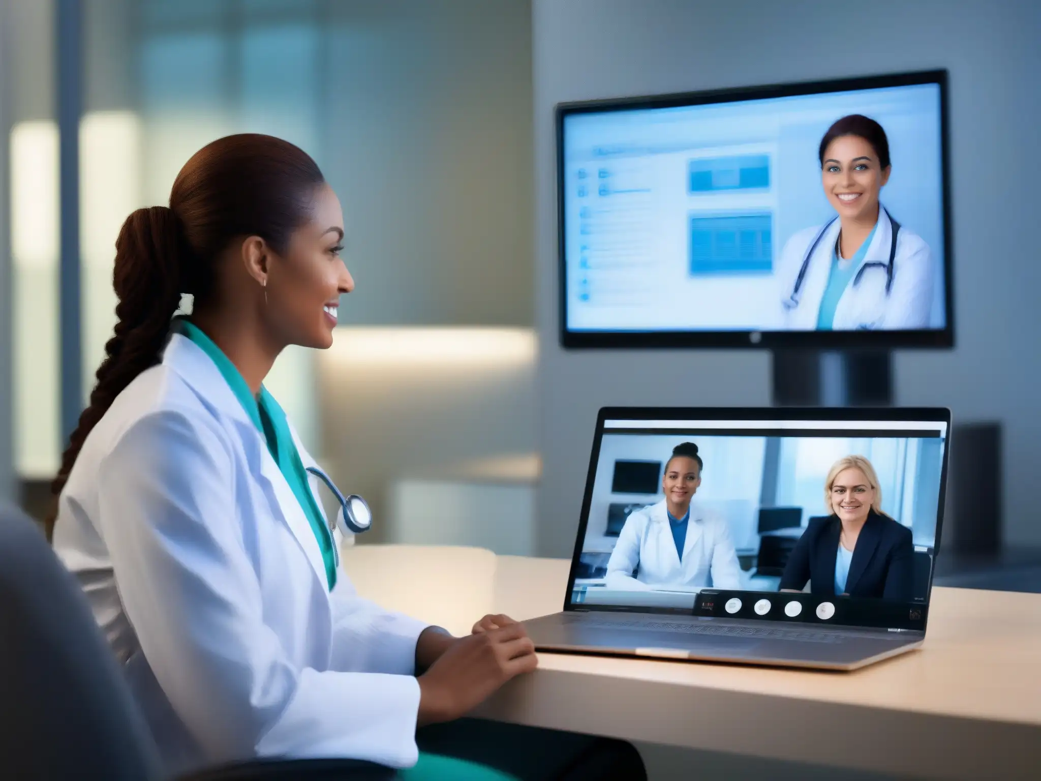 Consultorio médico virtual: doctor en consulta por videoconferencia Un médico en una consulta de telemedicina, usando Herramientas de videoconferencia para telemedicina en una oficina moderna y bien iluminada