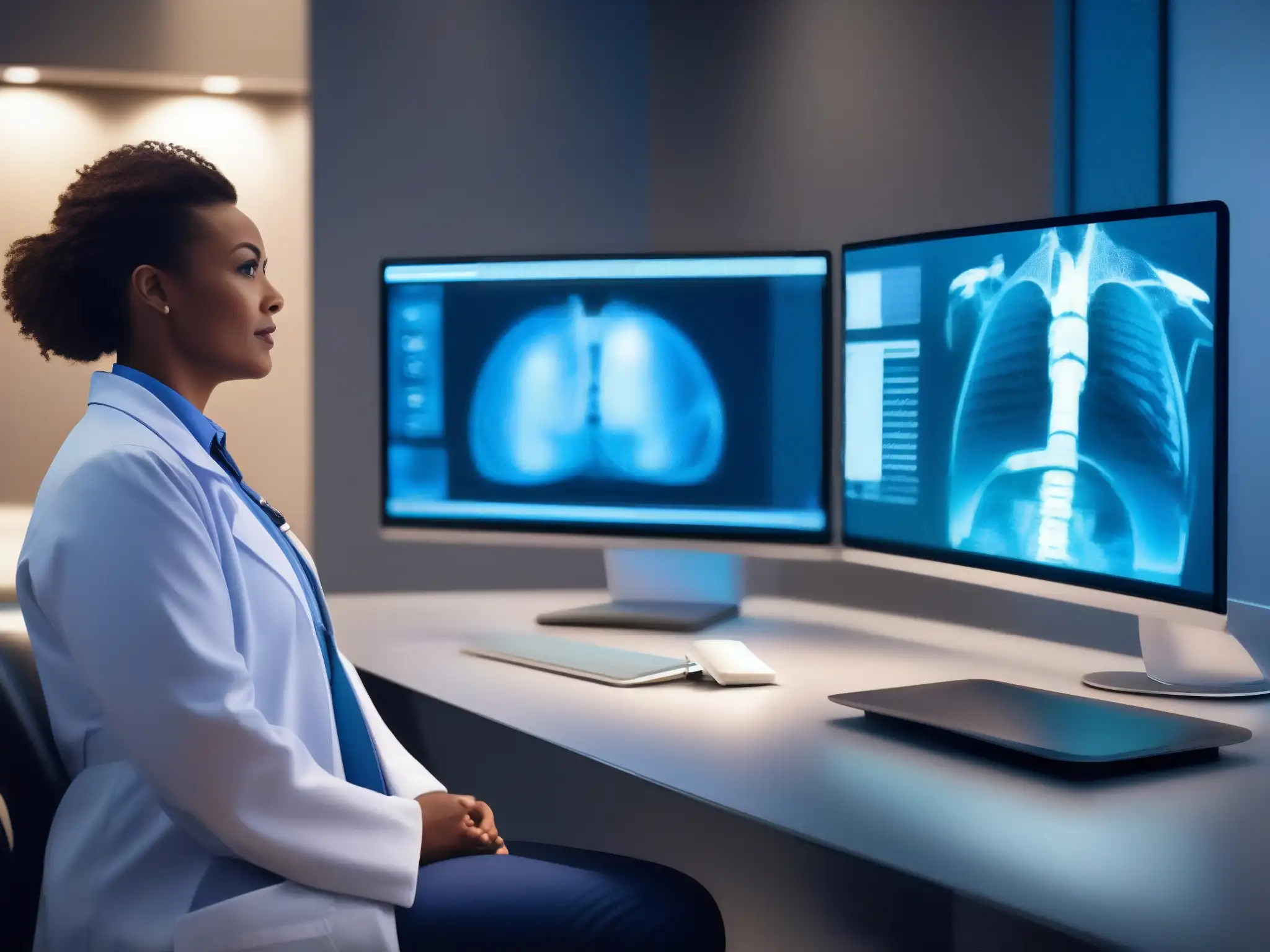 Consulta médica virtual: tecnología y cuidado personalizado Un médico en una consulta de telemedicina moderna, realizando una videoconferencia con un paciente